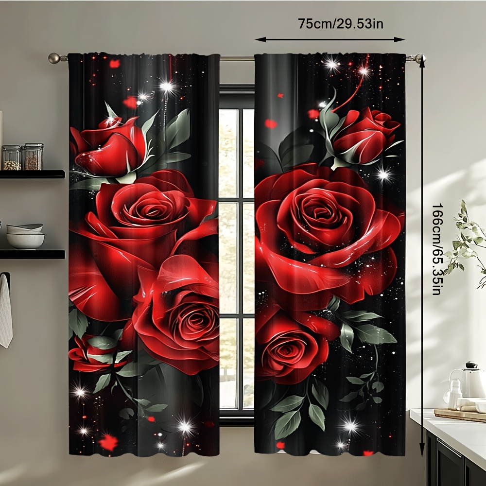 TEMU 2pcs Valentine Roses Curtain Panels - Semi-sheer Window Drapes With Red Roses & Sparkling Stars , 100% Polyester Machine Washable Rod Pocket
