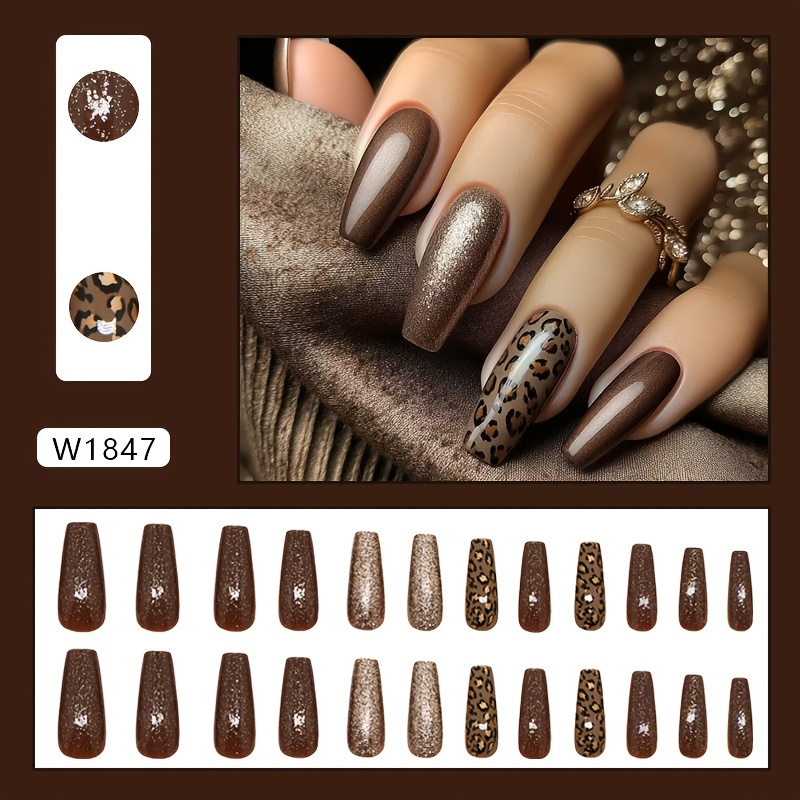 Image of Outward Trade Caramel Fine Shimmer Leopard Print Mid-length Ballet Nails Fashion Lightening Ins Western Style Nail Stickers