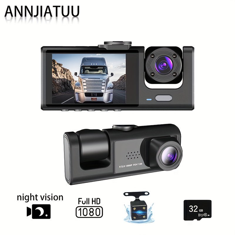 TEMU Annjiatuu Triple Car Dashboard - 1080p Front And Interior Vehicle Cameras With Night , Recording, Car Dvr , Ips And Dual Dashboard - On