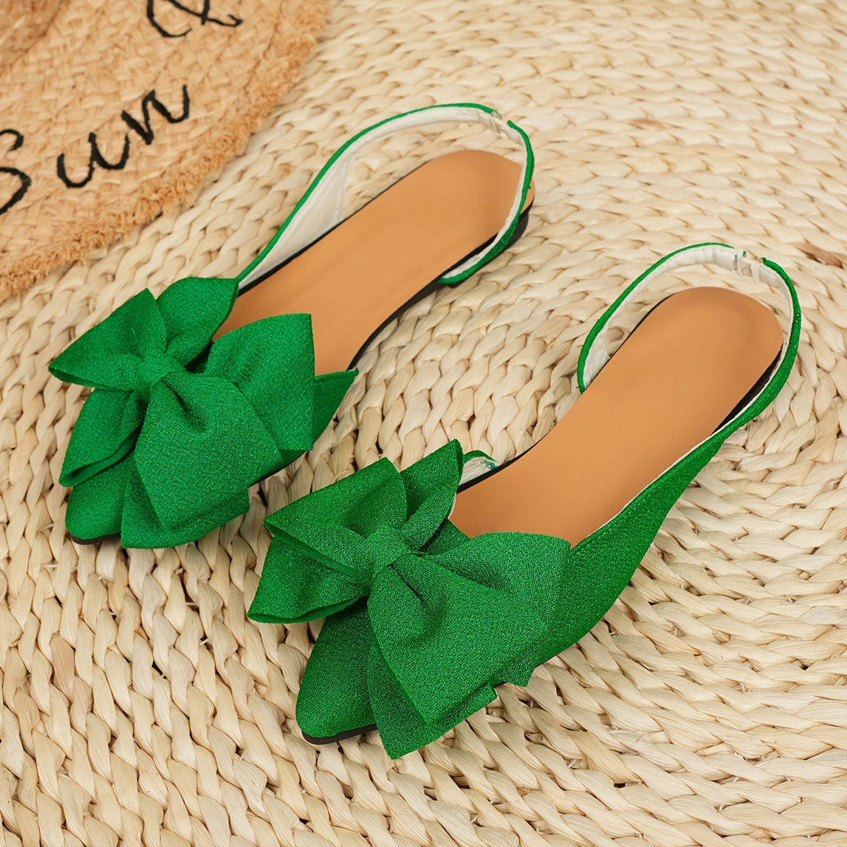Women's Fashion Bow-Adorned Pointed Toe Slip-On Sandals with Adjustable Ankle Strap - Black Fabric Upper, Flat Comfortable Heel & Rubber Sole for Casual/Formal Occasions