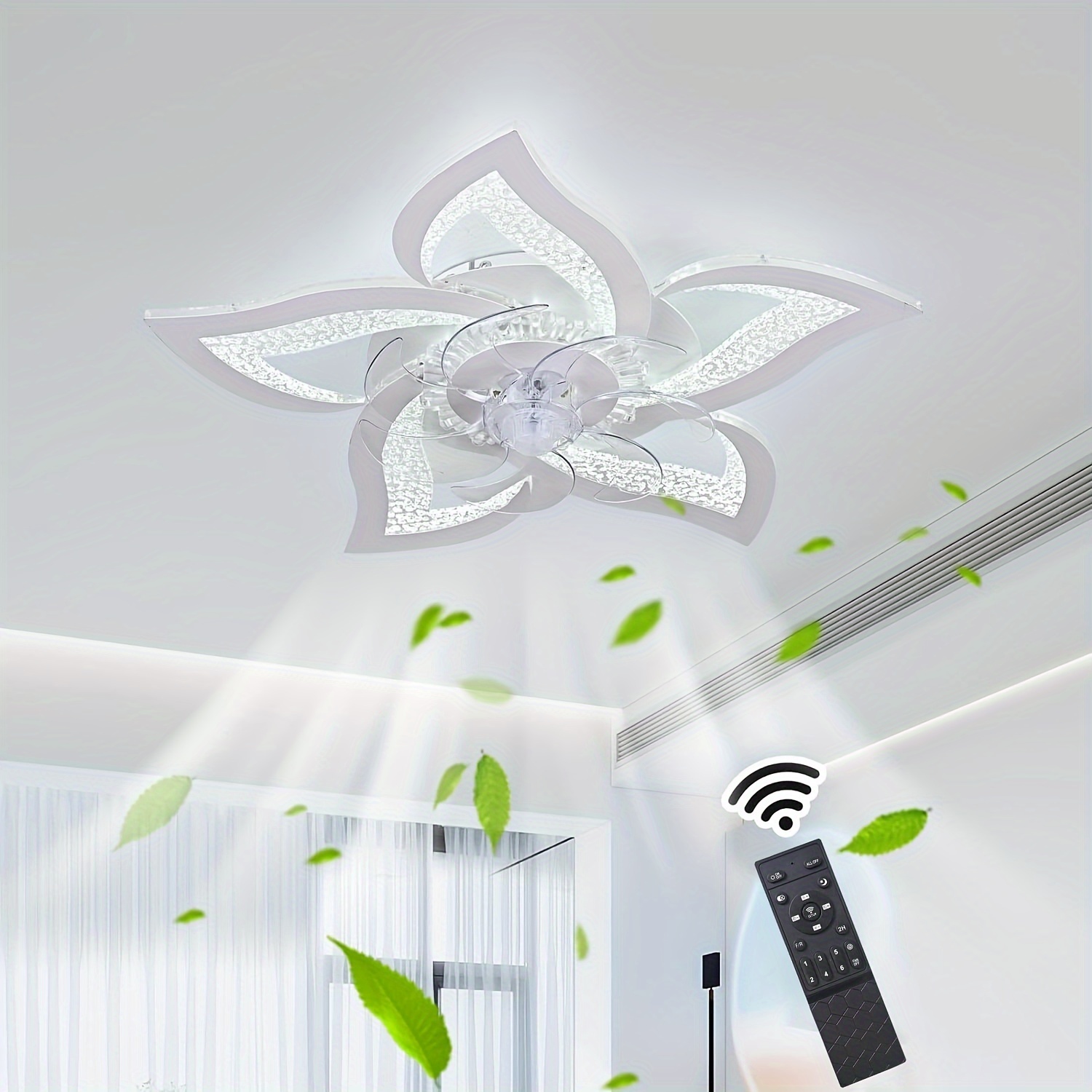 

1pc Dimmable Led Ceiling Fan With Remote, 6- Adjustable Acrylic Flower Shape, Polished Metal , Semi-flush Mount, Hardwired 110v-240v For Living Room Bedroom Kitchen - Energy Class F