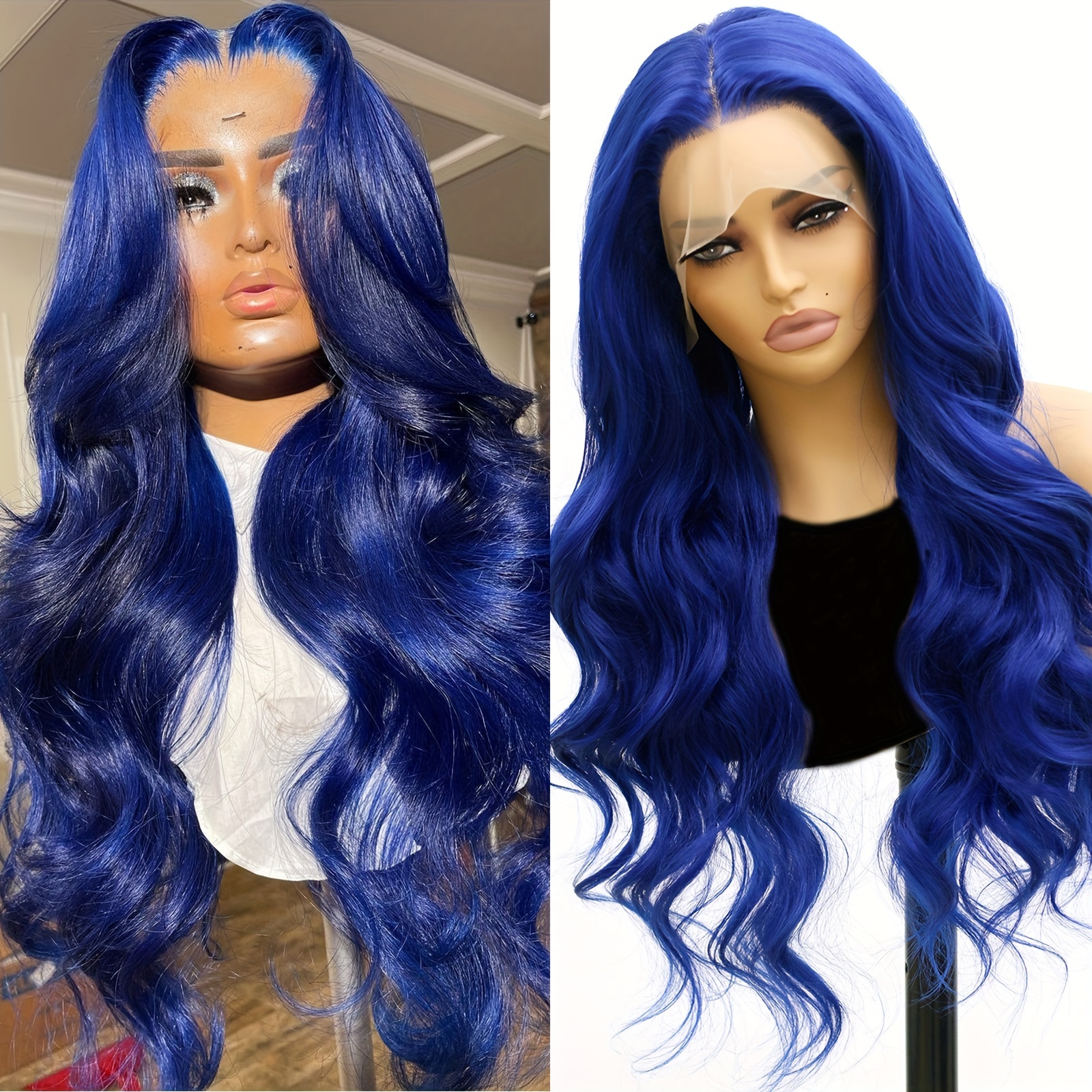 

13x4 Navy Blue Curly Wigs Lace Front Glueless Wavy Wig Cap Headband Curly Wig For Women With Natural Hairline Glueless Synthetic Heat Resistent Wigs 26 Inch For Daily Party Cosplay