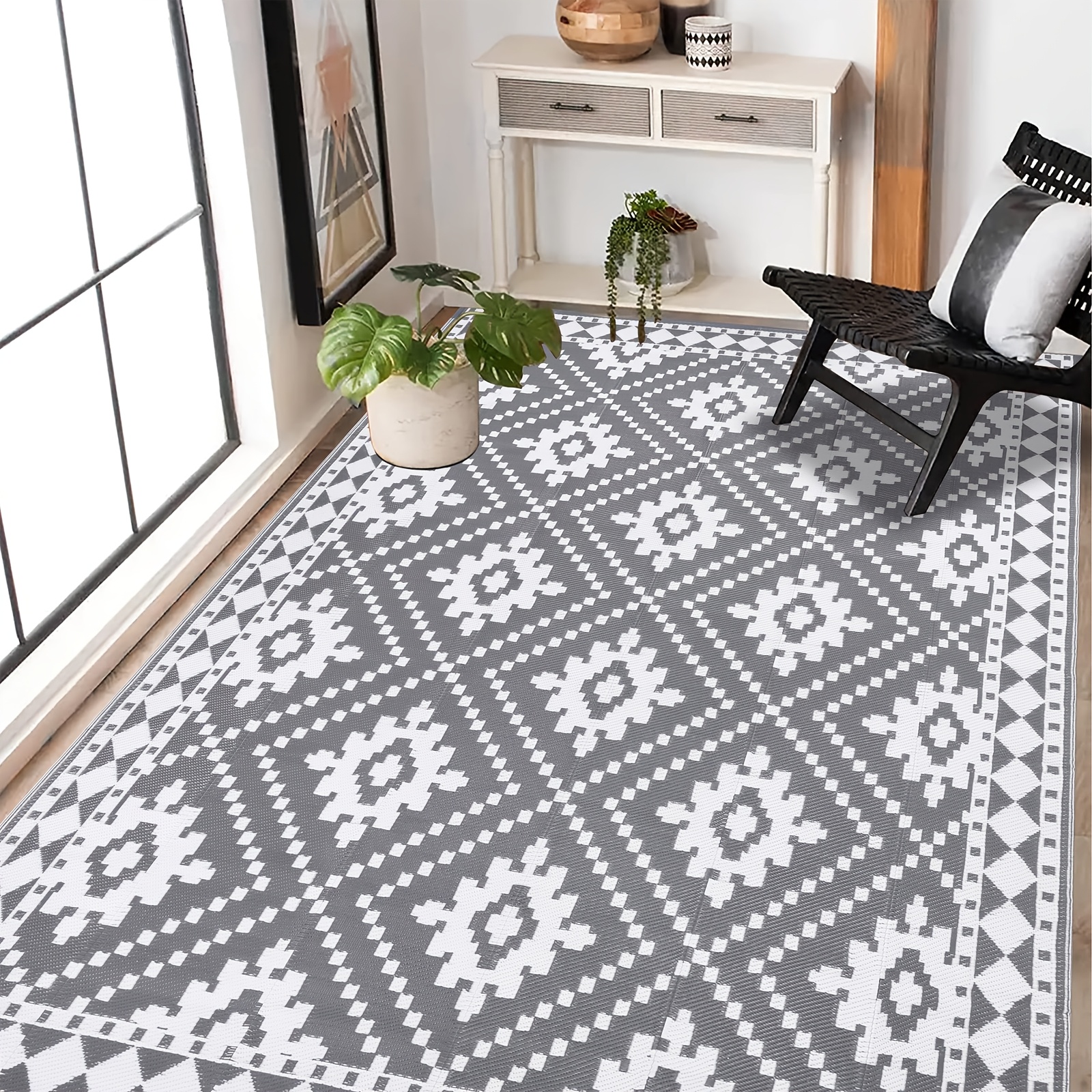 Large Outdoor Rug 180 Cm, Reversible Plastic Straw Rug, Rv Mat, Indoor And Outdoor Carpet For Patio, Camping Balcony Porch Garden, Gray