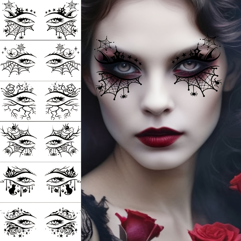 TEMU 6 Sheets Halloween Face Tattoos Eye Eyelid Eye Shadow Eyeliner Tattoo Sticker Scary Realistic Spiderweb Pumpkin Witch Blood Vessel Fake Tattoos