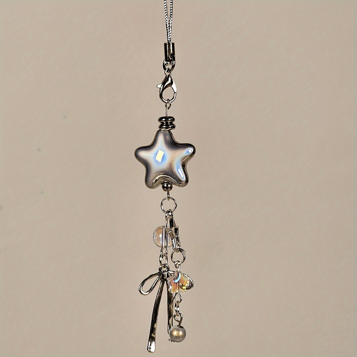 

Star-shaped Keychain Decor, 1-pack Pendant Phone Chain Accessory With Faux Pearls And Bow Knot, Personalized Charm For Phone Case, Handbag, Camera - Abs Material