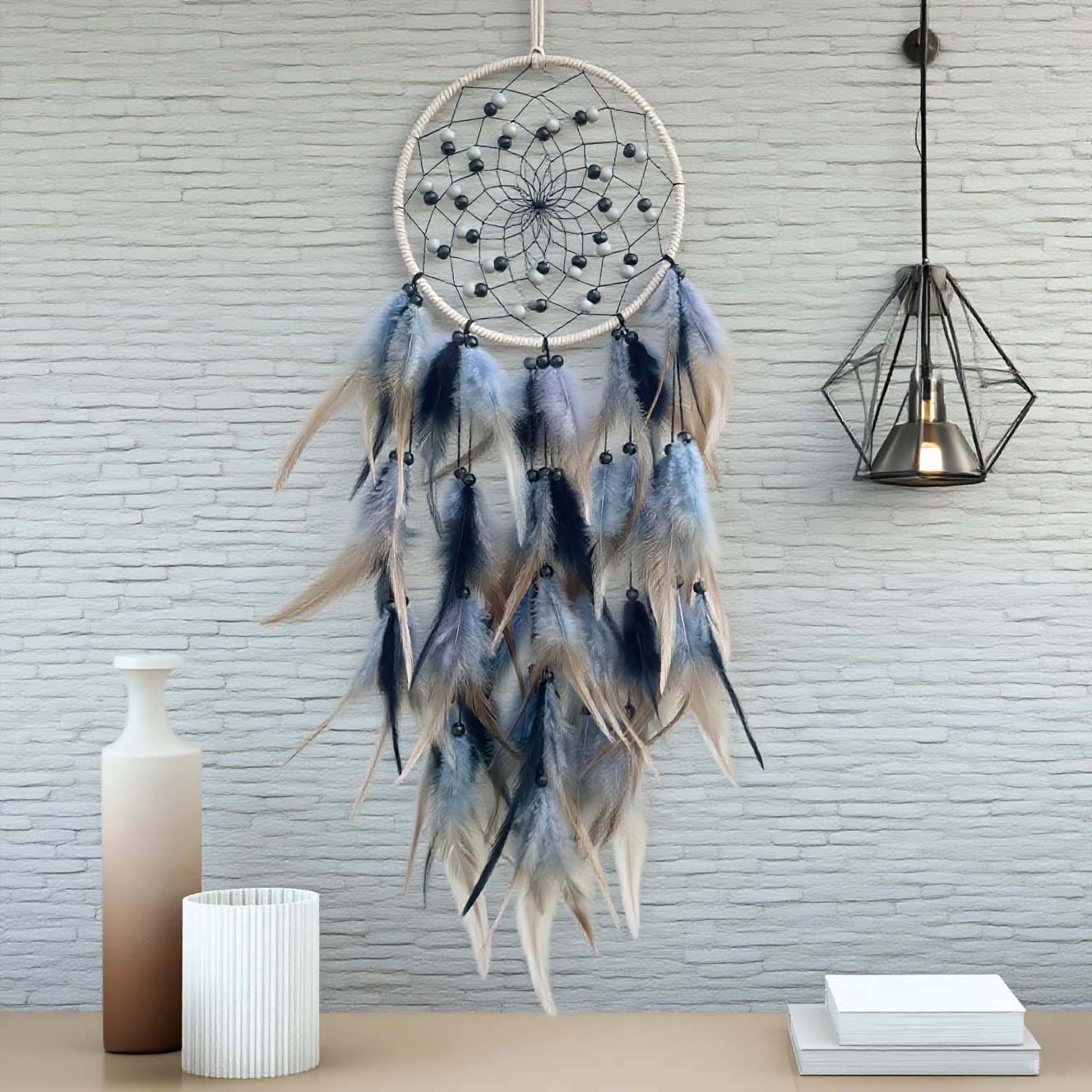 12 Inch Blue Dream Catcher With Feathers - Traditional Two-Circle Wall Hanging Or Car Ornament