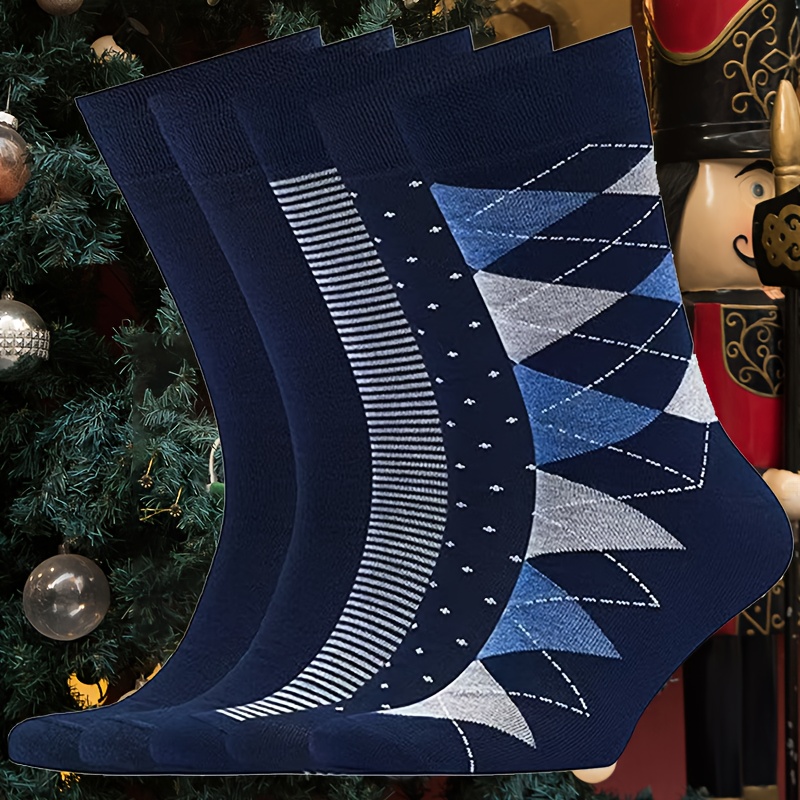 TEMU 5-pack Christmas Mid-calf Socks For Men, Casual British Style Geometric Christmas Socks