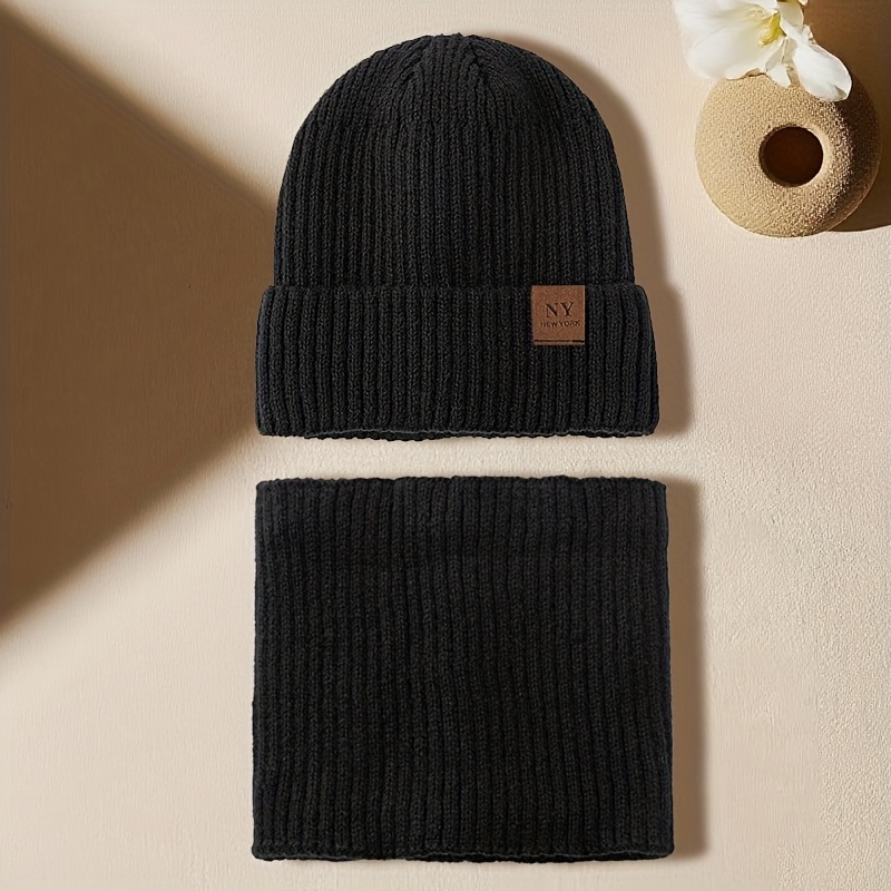 TEMU 2-teiliges gestricktes gestreiftes NY-Logo-Mützen- Schlauchschal-Set, Herbst/Winter, verdickt gefütterte warme randlose Mütze, hochelastische
