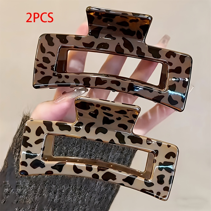 TEMU 2pcs Elegant Vintage Leopard Print Hollow-out Square Hair Claw Clip For Women, Back Of Head Daily Updo Shark Clip, Shower Updo Hair Tie, Half-up