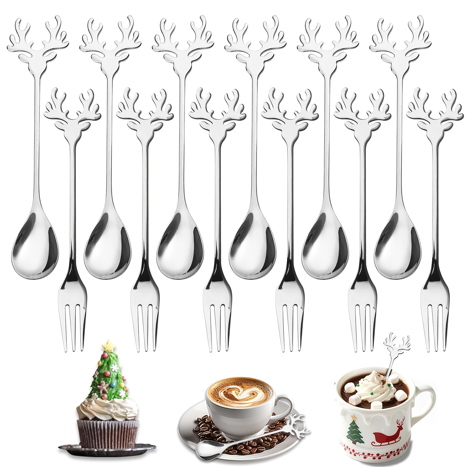 TEMU 12/20pcs Reindeer-shaped Coffee Spoons Fruit Forks, High-quality Stainless Steel Dessert Spoon&fork, Cute Ice Cream Spoon Stirring Spoon Cake