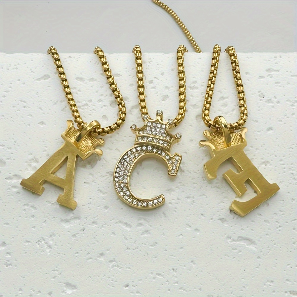 Greppn 1-teiliges Set mit plattiertem 316L Edelstahl-Anfangsbuchstaben-Anhänger und Strasssteinen – lässiger Hip-Hop-Schmuck für Damen und Herren_voghion.com