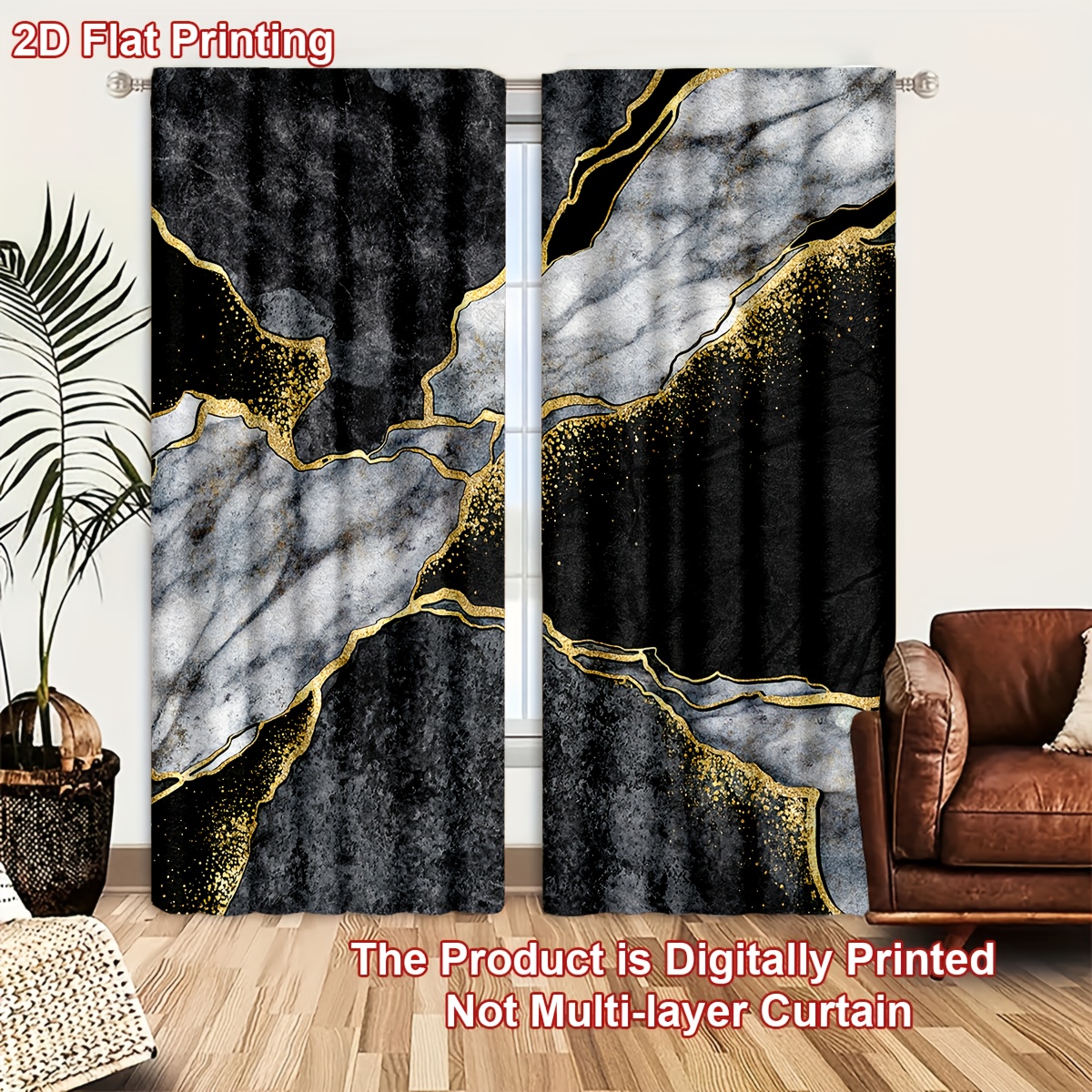 TEMU Lot de 2 rideaux de fenêtre à motif marbre doré et noir, impression numérique 3D, légère et aérée, pour chambre douillette, bureau chic, cuisine