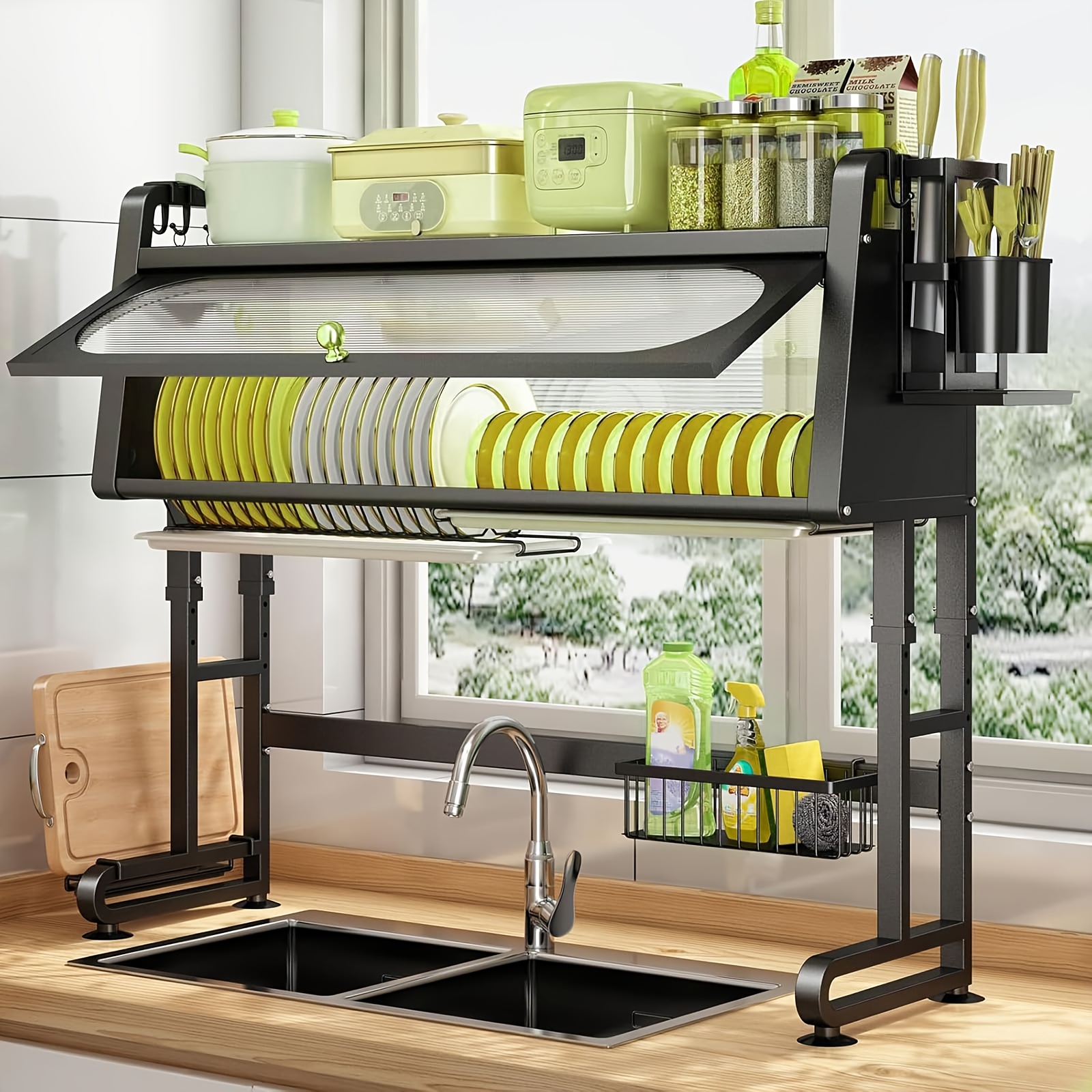 Over-the-sink Dish Drying Rack, Adjustable 3-tier Metal Dish Drainer With A Cover, Spacious Kitchen Shelf For Plates, Glasses, And Utensils, Accommodates Sink Widths Of 28.34'' To 31.49'', In Black