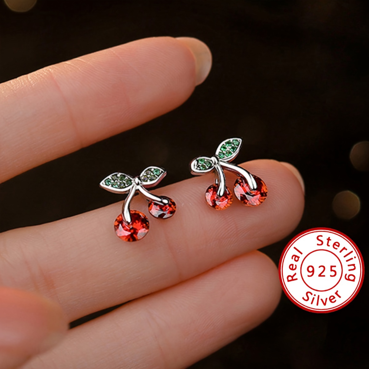 

S925 Sterling Silver Cherry Shaped Stud Earrings Artificial Zircon Decor Shiny Stud Earrings For Daily And Dating Wearing, Party Birthday Festival Jewelry Gifts 1.8g/0.06oz