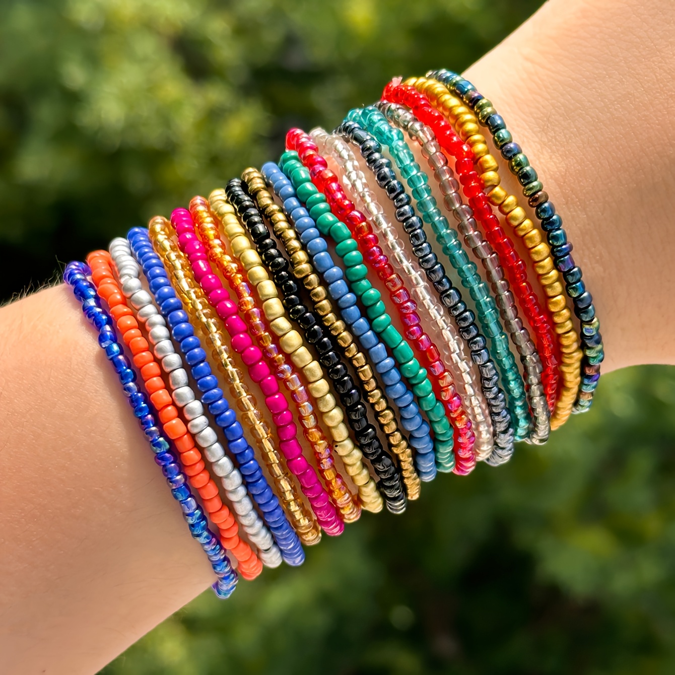 TEMU 20pcs Glass Seed Bead Stretch Bracelet Set, Bohemian Stretch Waterproof Bracelet Stack Set, Sexy And Fashionable Pink, Multicolor, Red, Black,