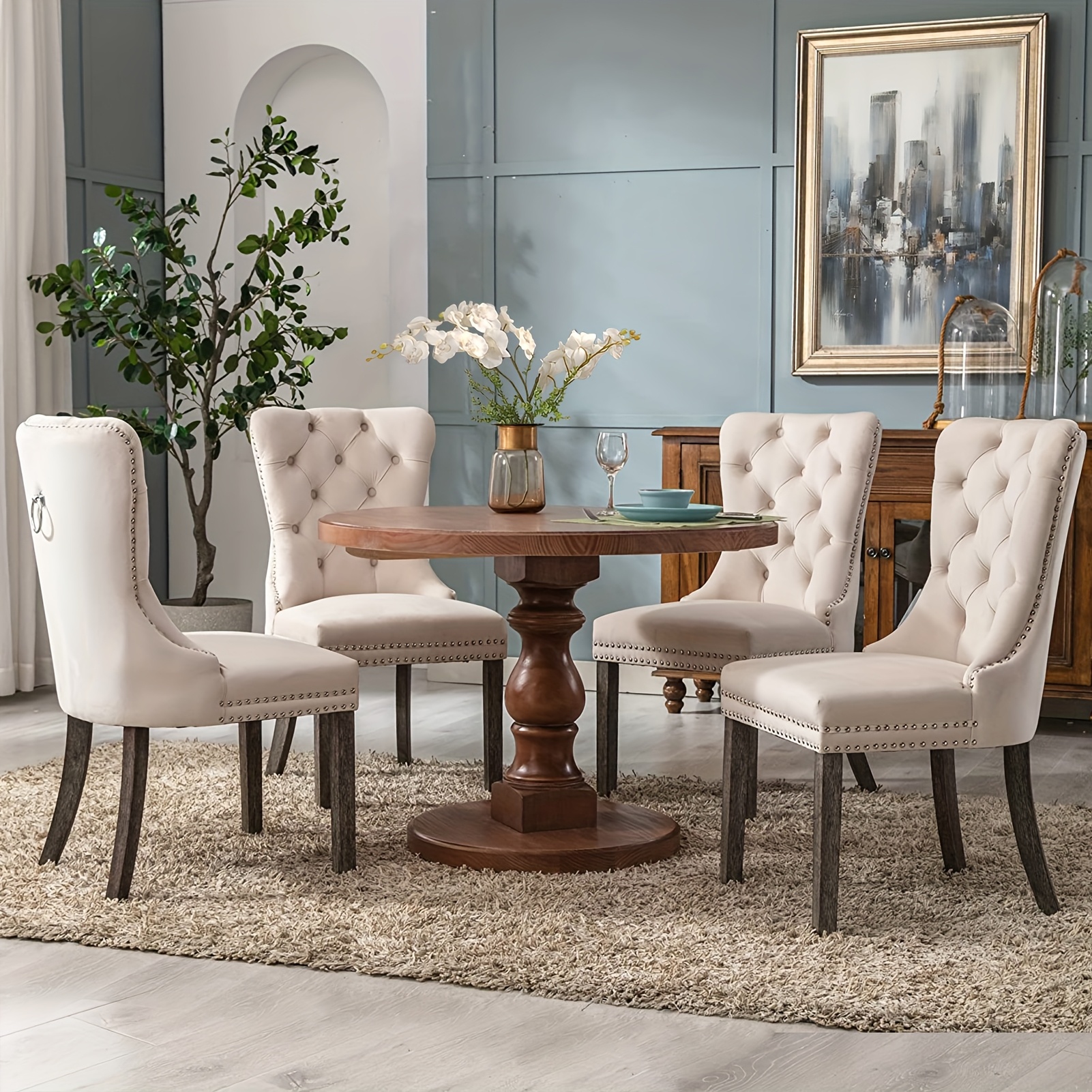 Set of 4 Upholstered Dining Chairs, Velvet Chairs with Button Tufting And Sturdy Wooden Legs, Contemporary Fabric Side Chairs for Dining Areas, Kitchens, Restaurants, And Hotels