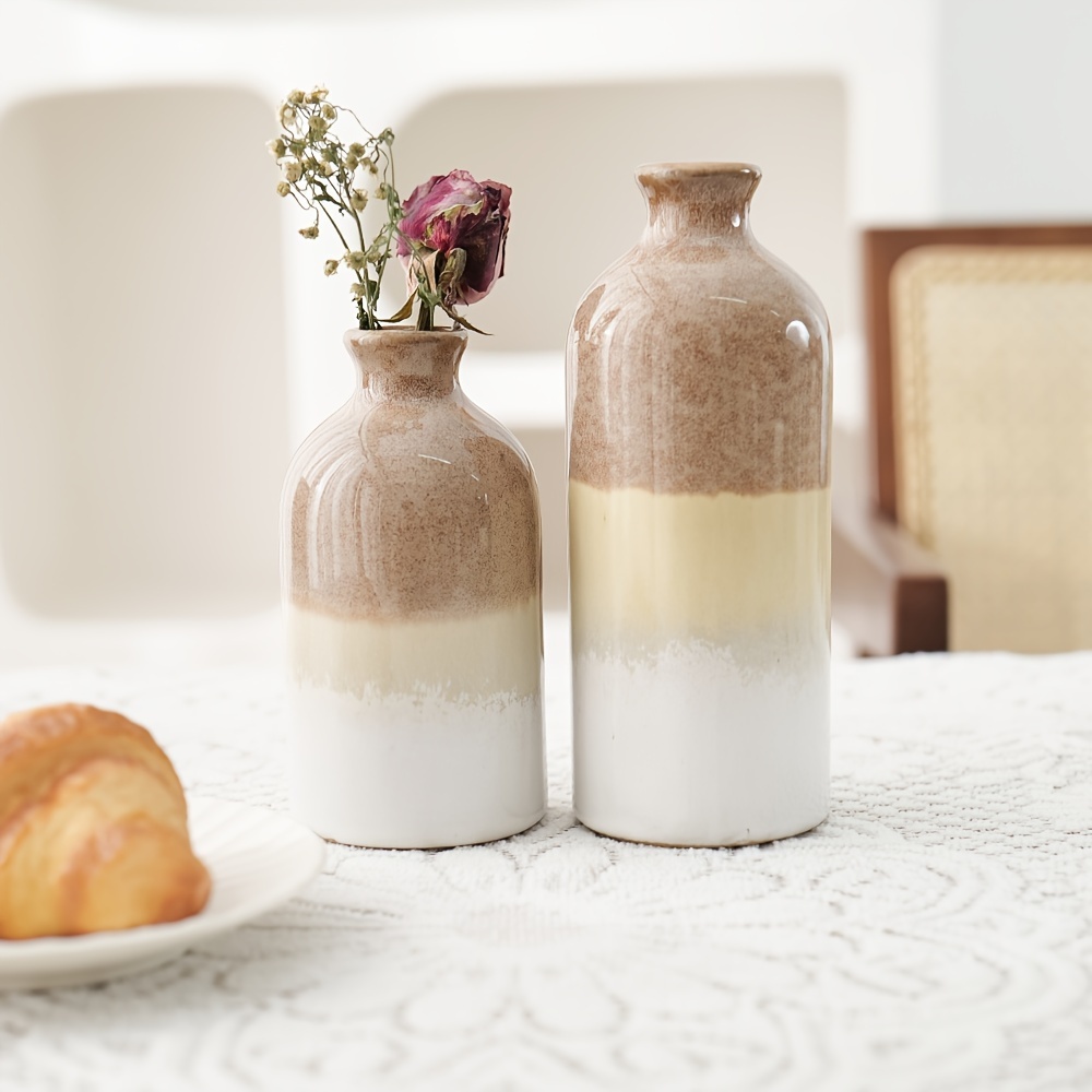 Farmhouse Ceramic Vase Home Decor Accents Rustic Beige White