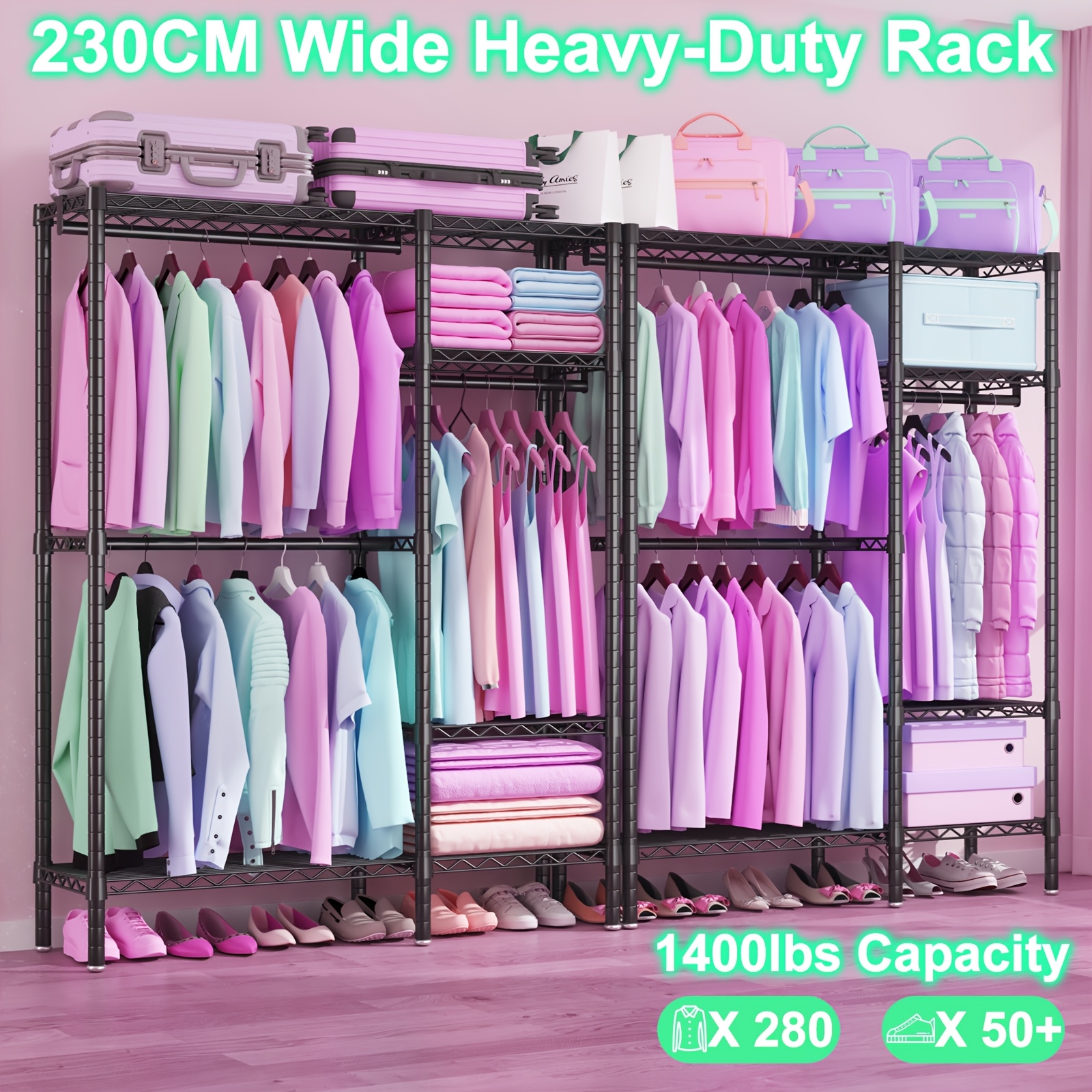 TEMU Heavy Duty 4-column Garment Rack 2-in-1 Modular Closet Organizer With 6 Hanging Rods, 12 Adjustable Metal Shelves, 230cm Width, Carbon Steel