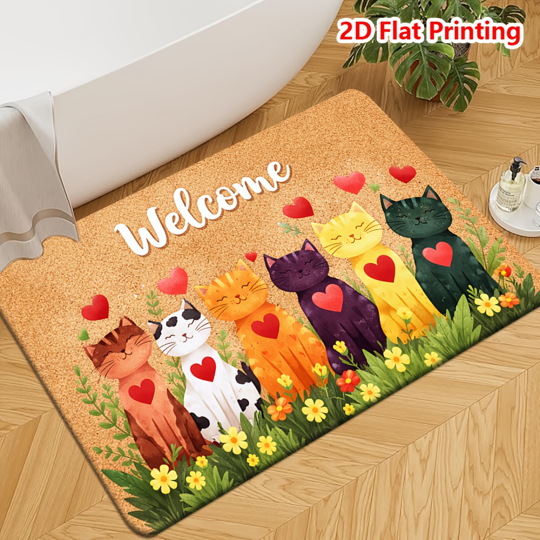 TEMU [ Product] [flannel And 1cm Thick Sponge Material] Fun Door Mat | Cat Heart Garden Welcome Picture Pattern Printed Mat, Suitable For Bedroom,