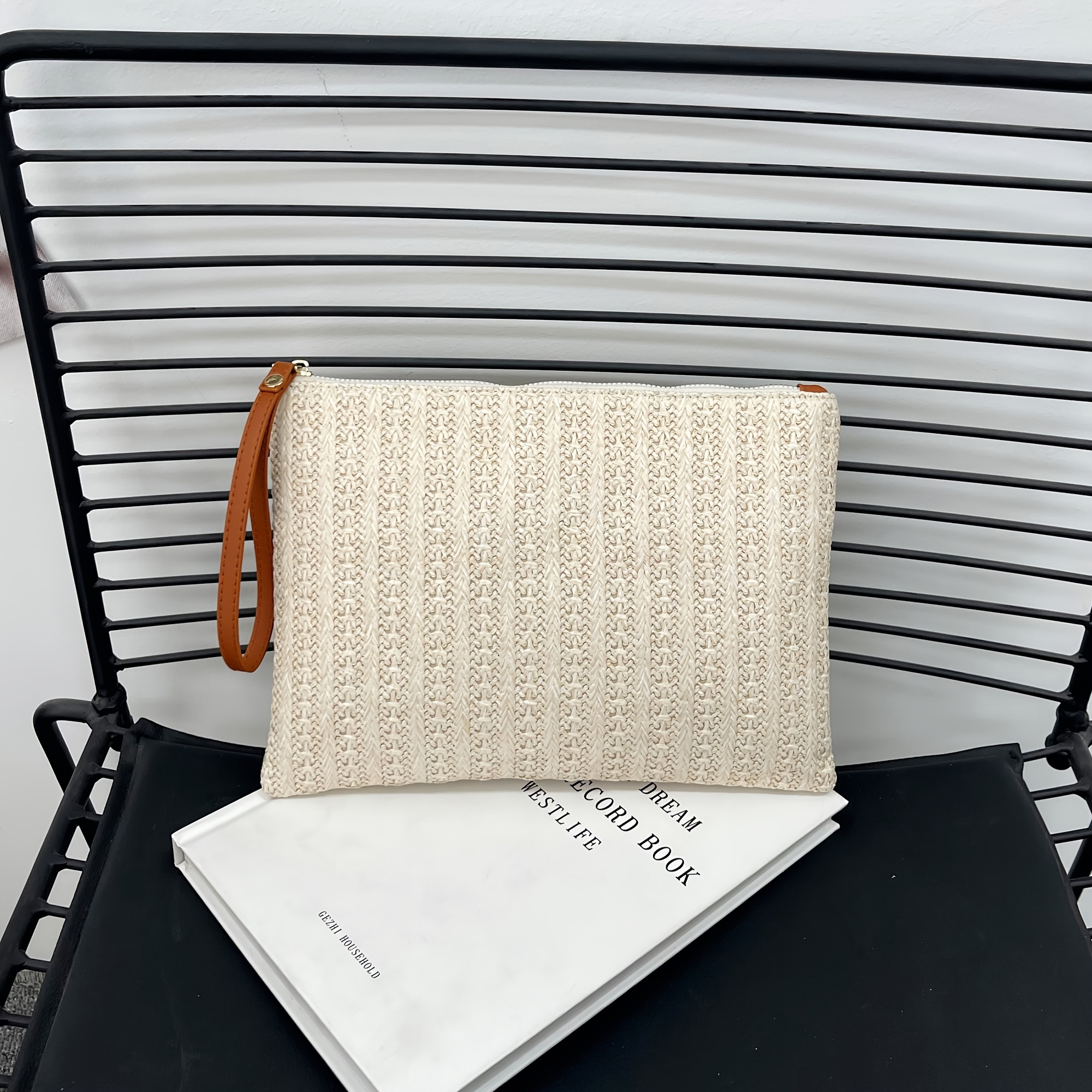 E-shop Strandtasche für den Urlaub, tragbare Aufbewahrungstasche, Münzfach, Strohhalm-Clutch, Großraum-Handytasche mit Reißverschluss