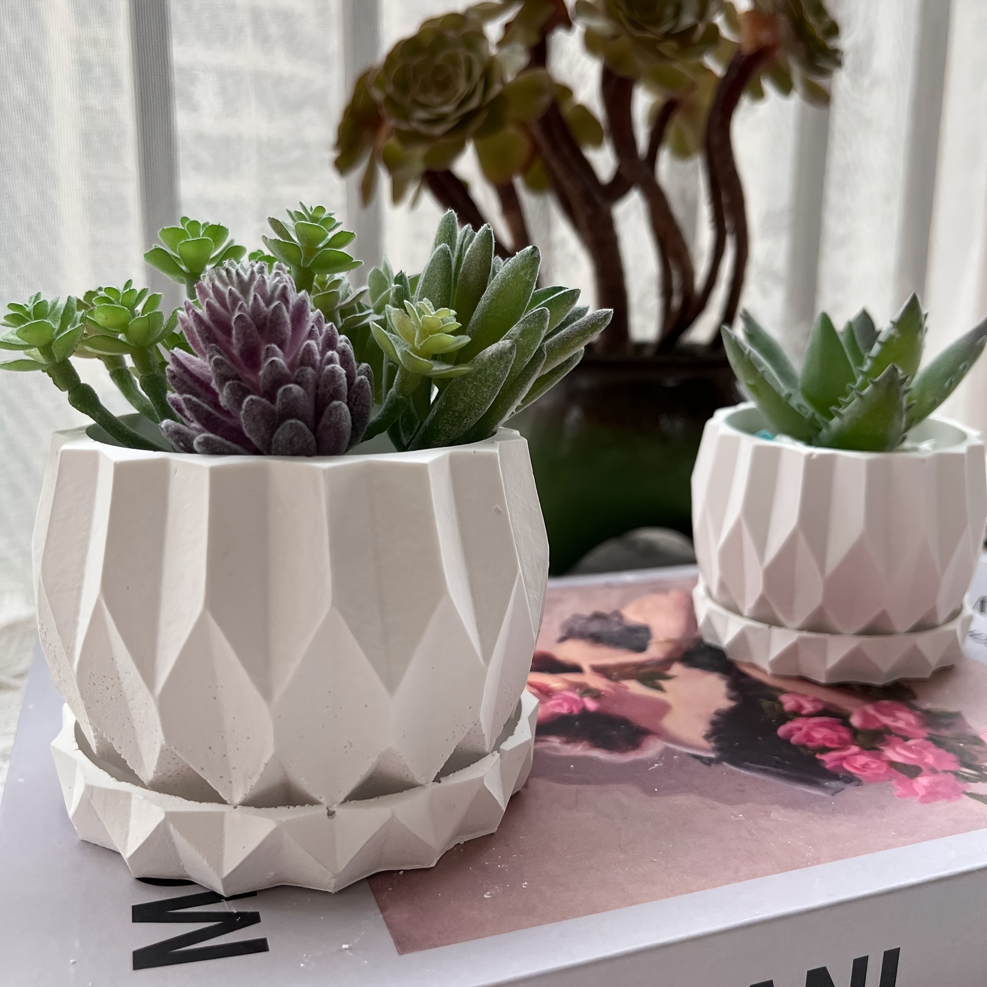 

Geometric Succulent Planter Set With Silicone Molds: Includes 2 Flowerpots, 2 Basins, And 2 Lids - Perfect For Crafting And Home Decor