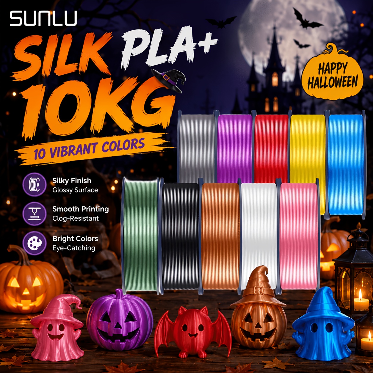 TEMU Filamento oficial SUNLU PLA+ para impresora 3D de 1.75 mm, paquete de 10 kg de 10 colores, filamento PLA Plus con acabado , colores vibrantes,