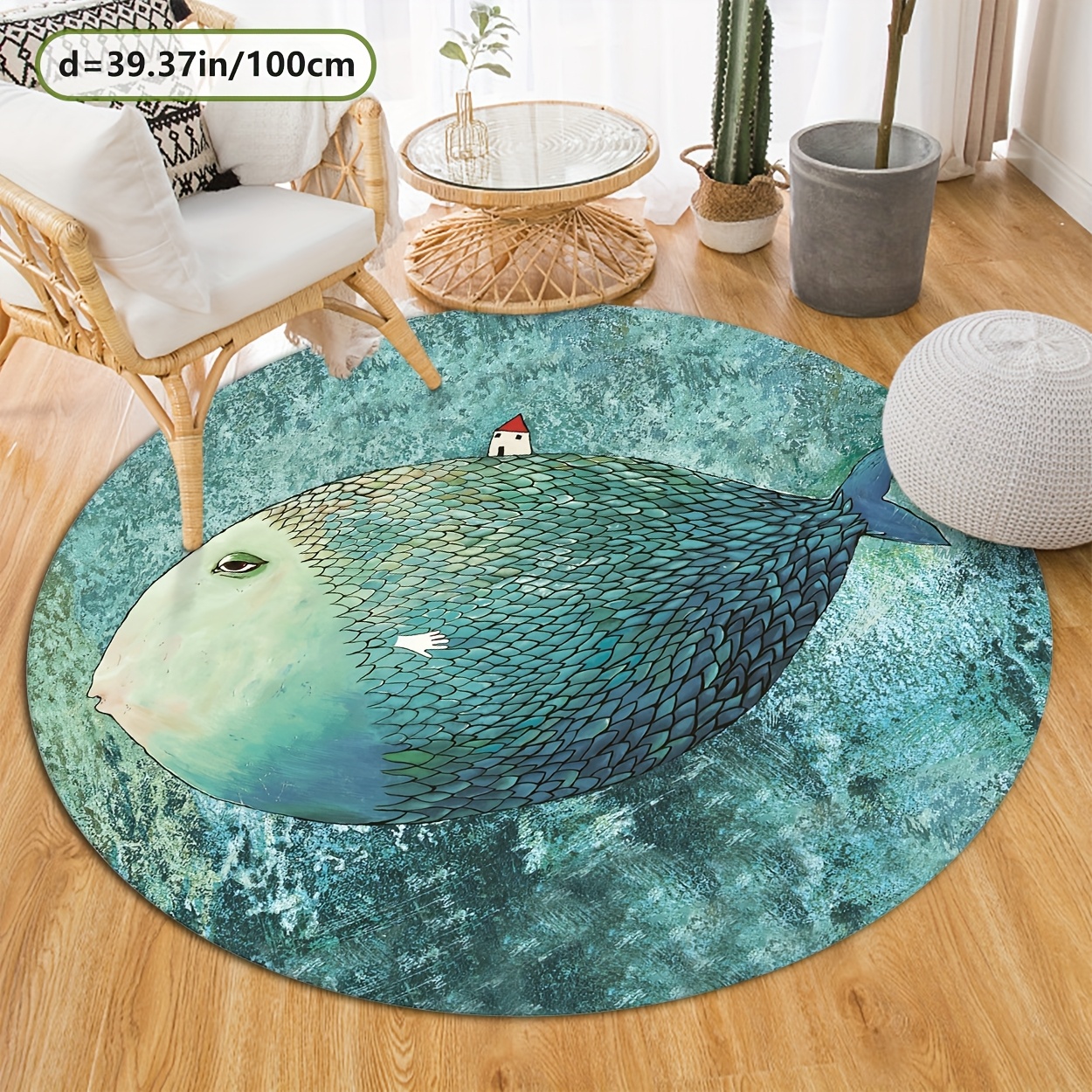 TEMU Tapis Rond Art avec Motif de Poissons Grassouillets | Lavable en Machine, Antidérapant, Polyester, Poils Courts, Idéal pour Chambre, Salon,