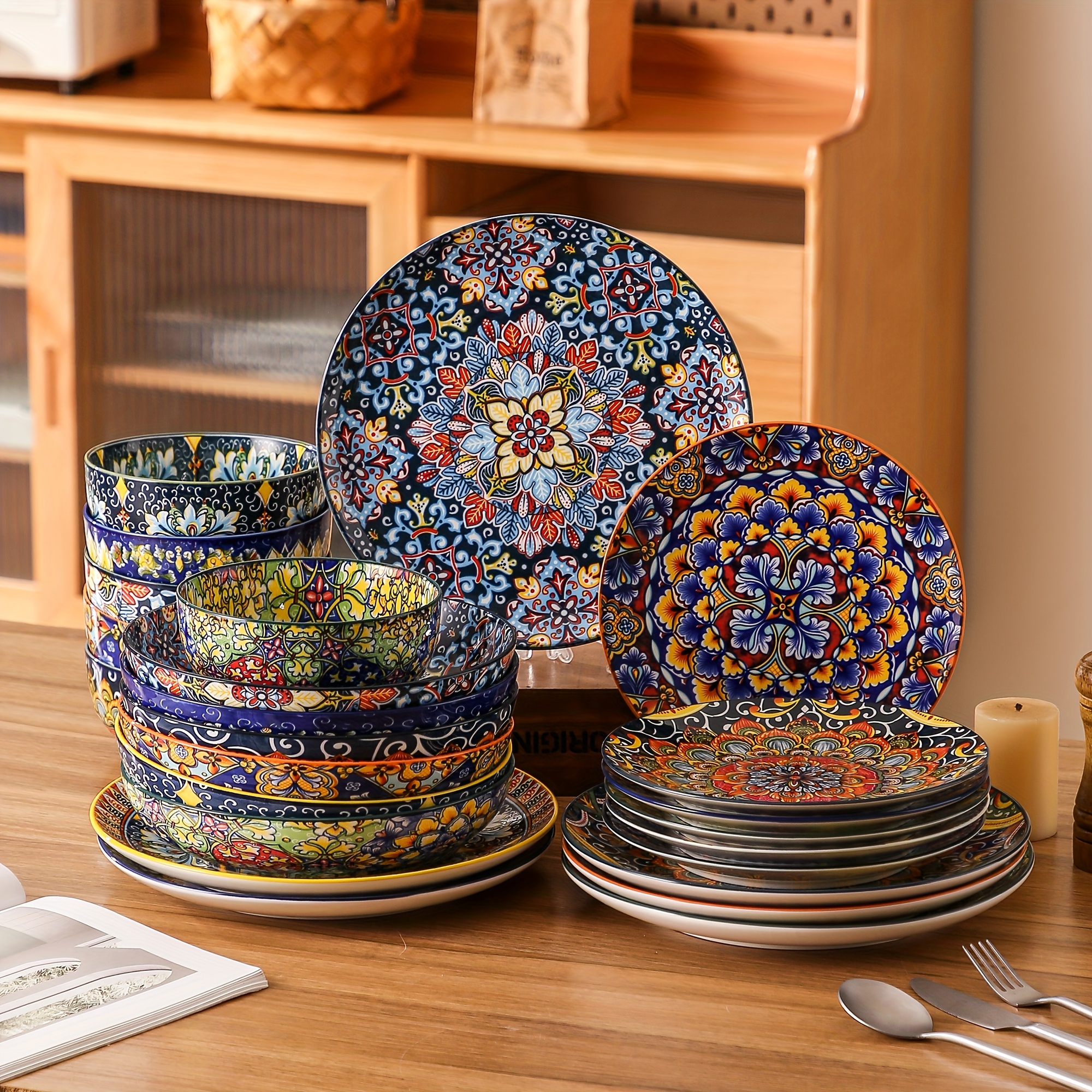 TEMU 24-teiliges Weihnachtsgeschenkset, Bohemian Dinnerware Sets, Dinnerware Dish Set Künstlerische Stücke Mit Teller, Dessertteller, Pasta Schüssel