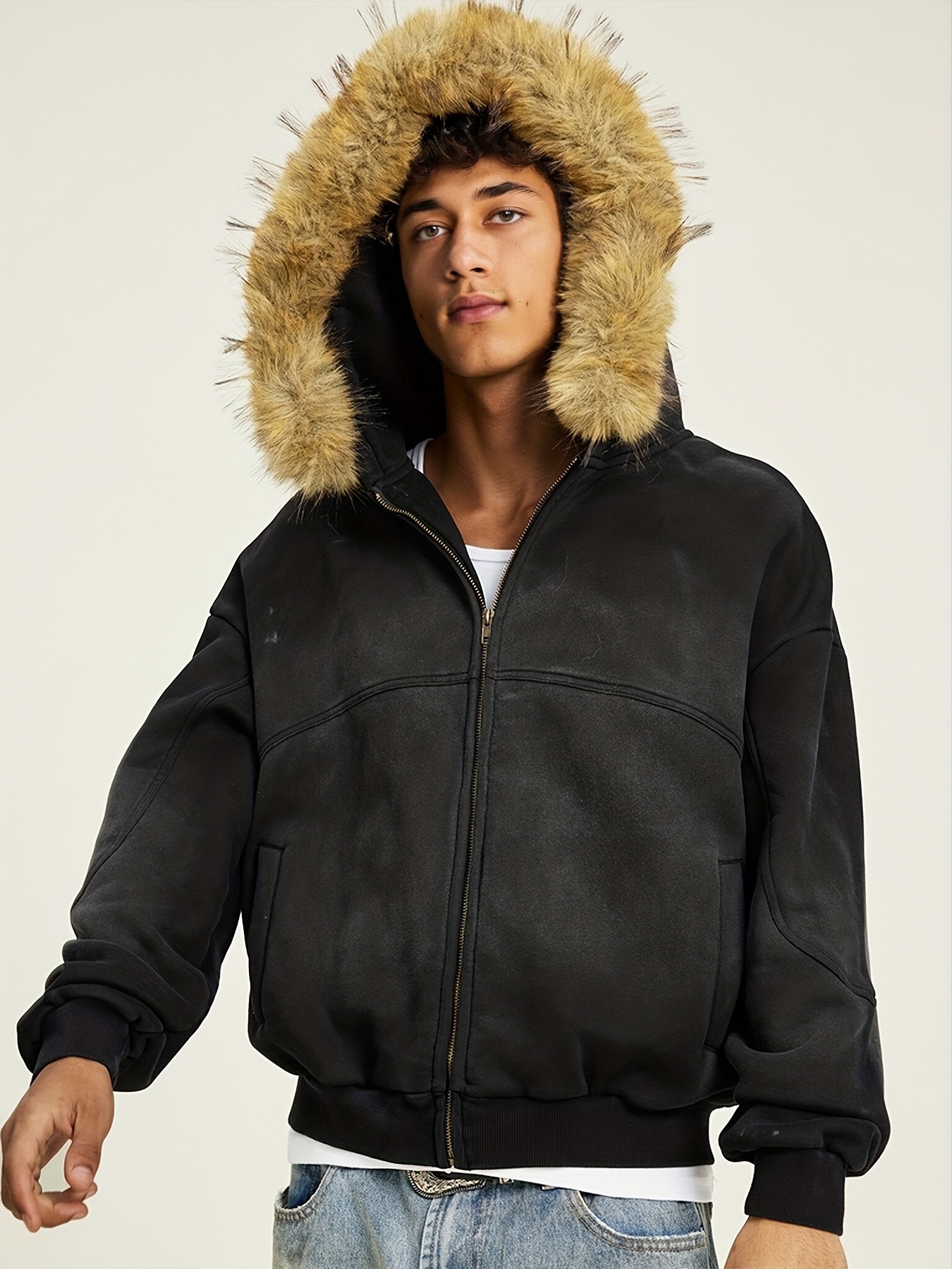 felpa vintage cappuccio e zip foderata in pile e Temu Italy