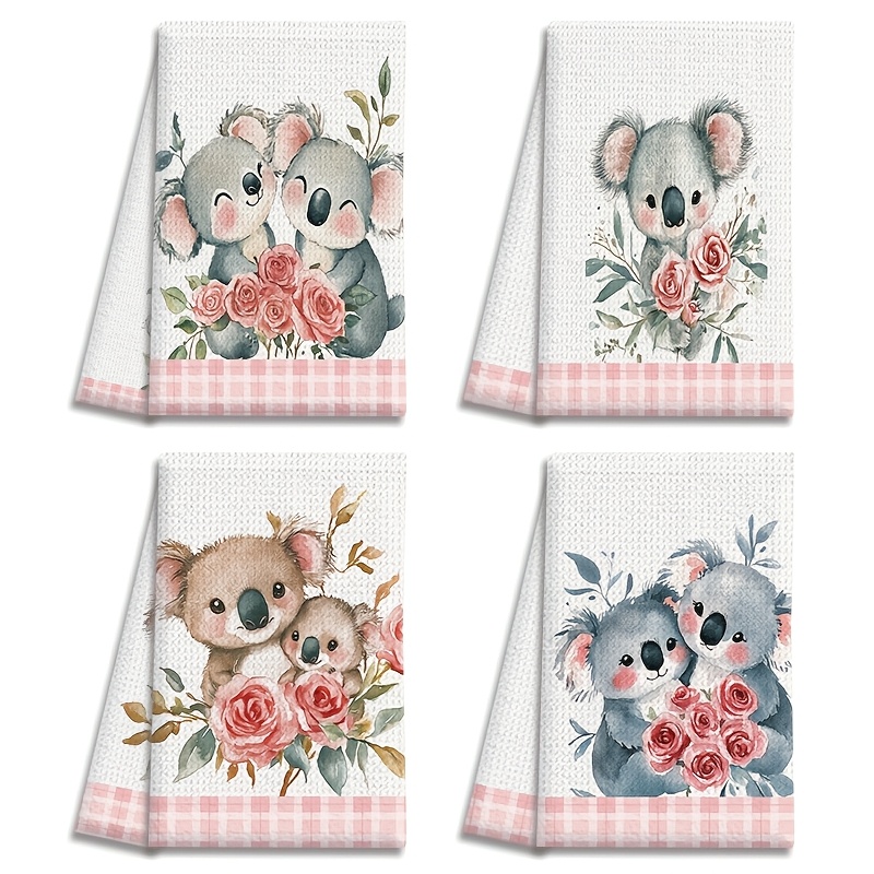 TEMU 4 serviettes de cuisine, 18x26 pouces, Koala, Rose et à carreaux, en microfibre absorbante, idéales pour , , le nettoyage de bain, les activités