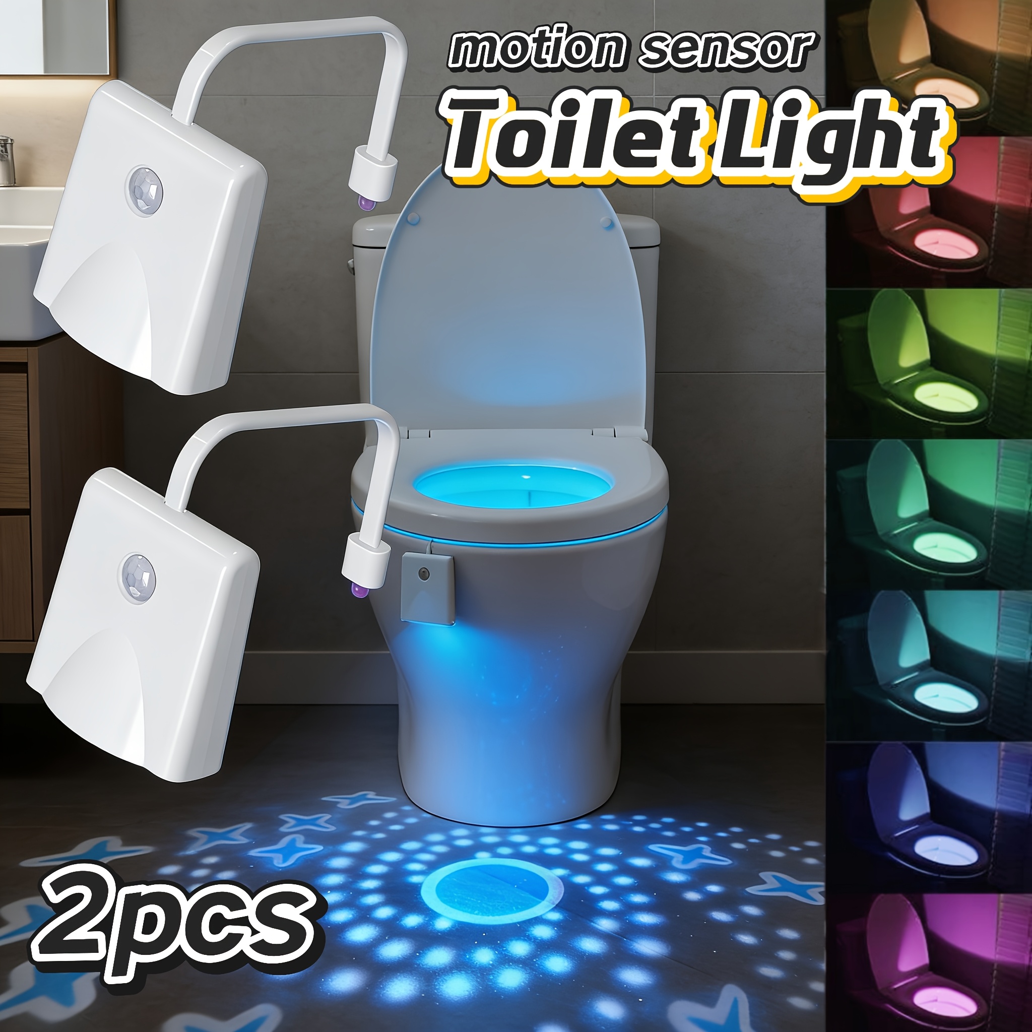 TEMU 2pcs Led Motion Sensor Smart Lights, , Rechargeable Projection Sensing Toilet Light, Suitable For Bathroom, Toilet, Staircase, Decoration, ,