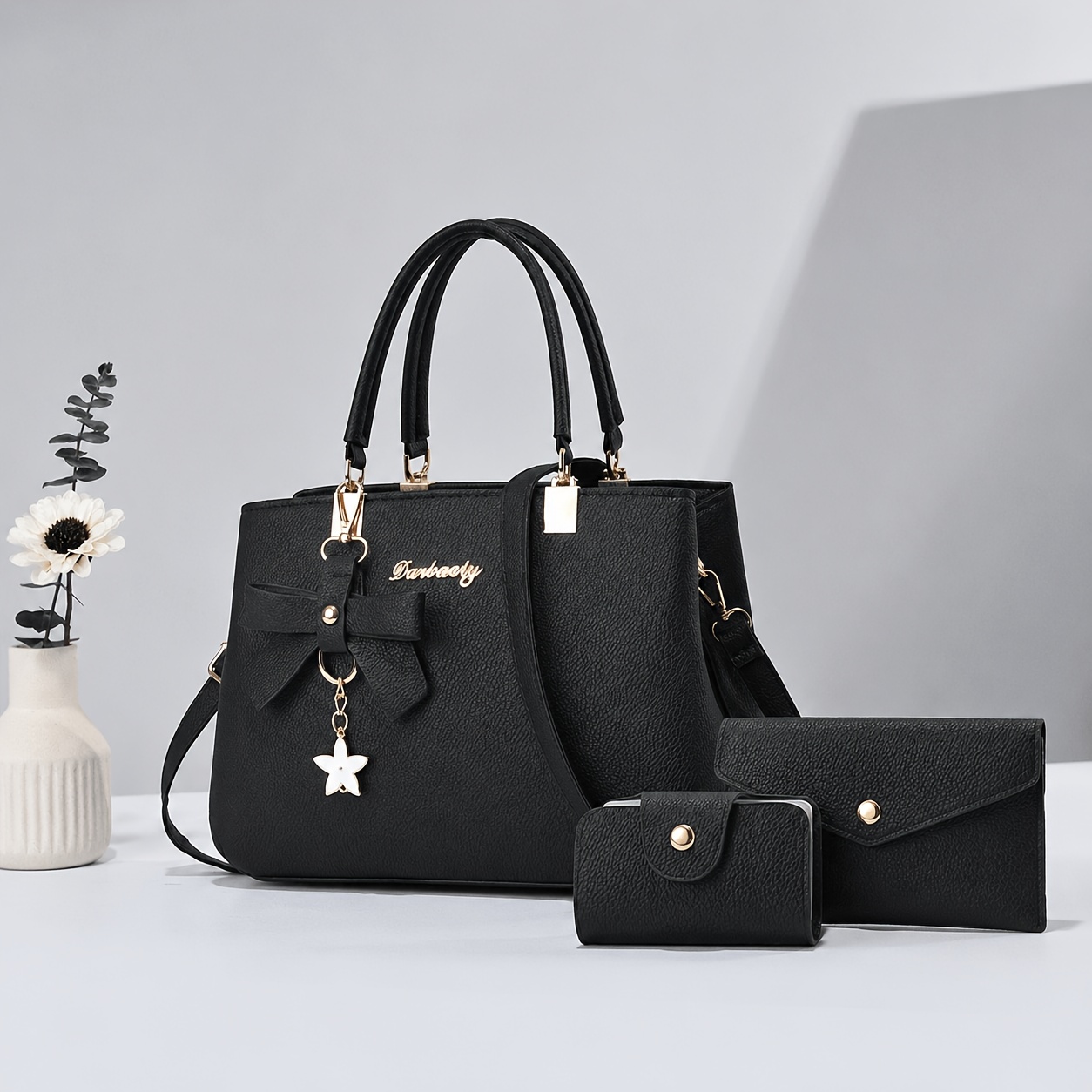 TEMU Set borsa da donna 3 in 1, borsa tote con in PU grana litchi con decorazione a e ciondolo a stella , borsa a tracolla con , tracolla a spalla