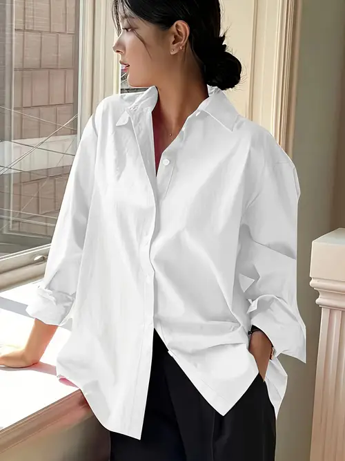 plus size womens elegant casual business long sleeve shirt classic collar button up blouse solid color non see through fabric machine washable versatile for office casual attire everyday elegant shirt shirt nonstretch fabric