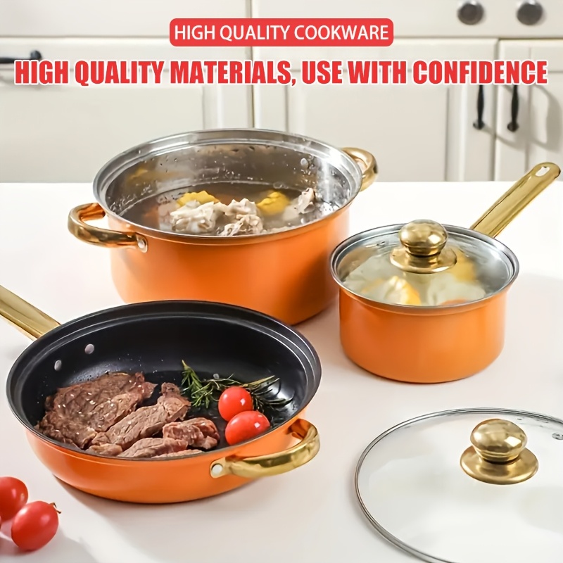 12pcs orange multifunctional cookware set stainless steel kitchen pots and pans combo including soup pot frying pan milk pot for home use cooking pot details 7