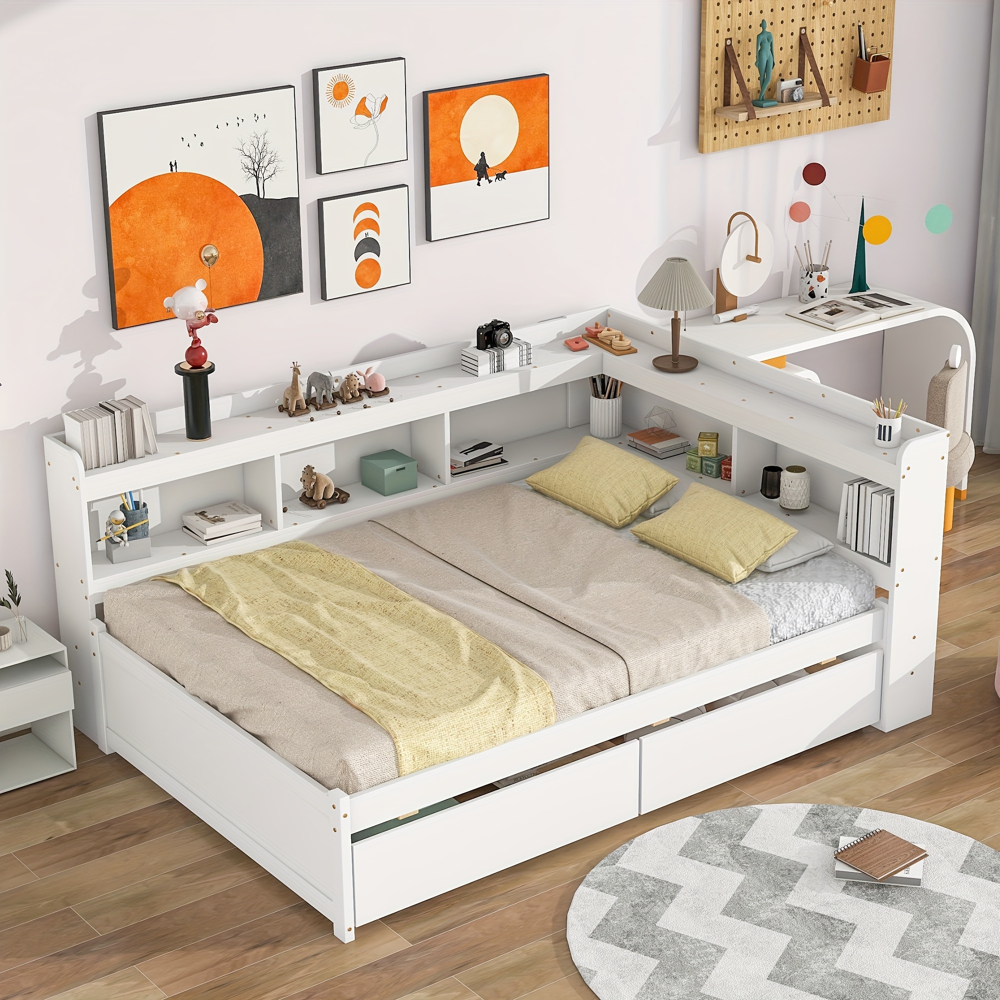 

Full Bed With L-shaped Bookcases, Drawers, White