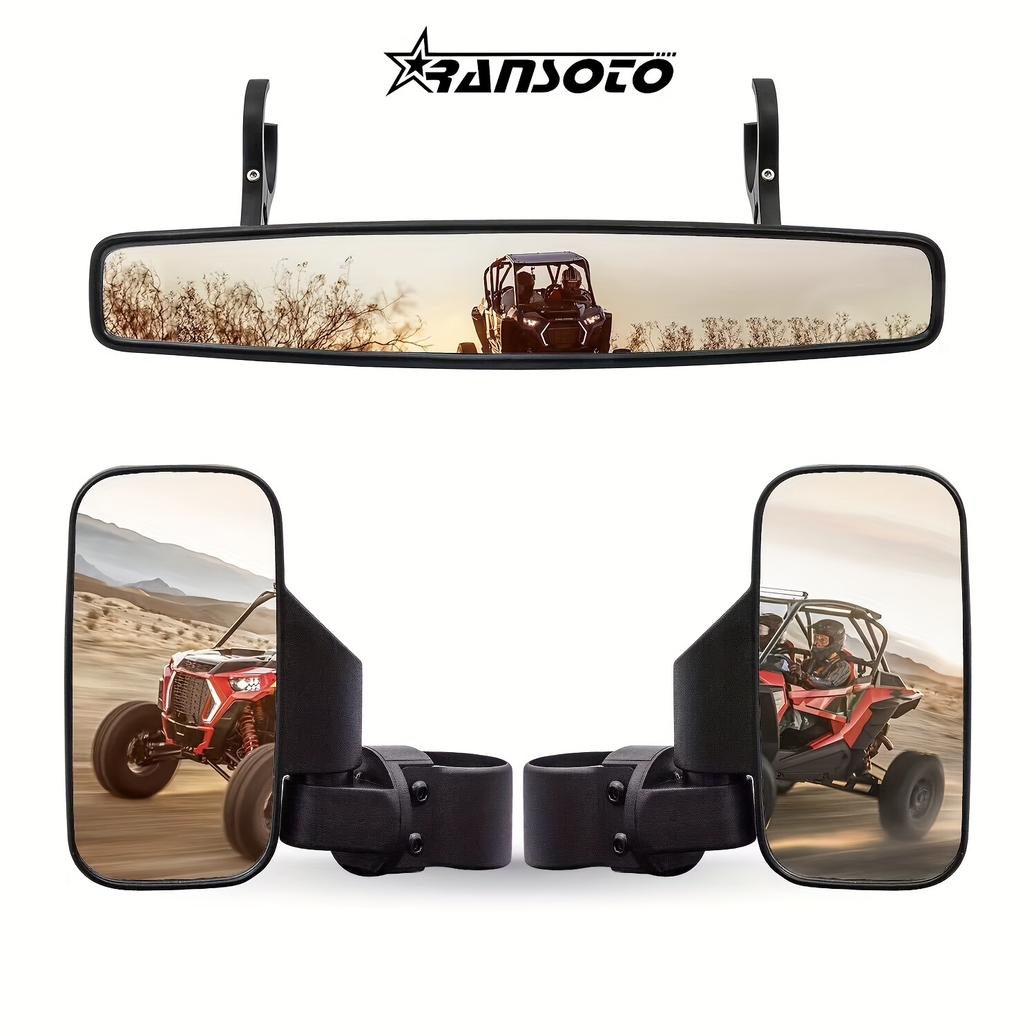 

Ransoto Side Rear View Mirror And Center View Mirror With 1.75" To 2" Roll Bar Cage Mount Compatible With Rzr Pioneer Commander