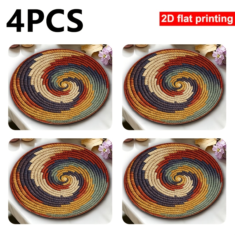TEMU 4pcs 2d Flat Printing Round Spiral Placemat, Braided Vintage Color Block Table Mat, Heat Resistant Non-slip Washable Fall Decor Dinner Plate Mat