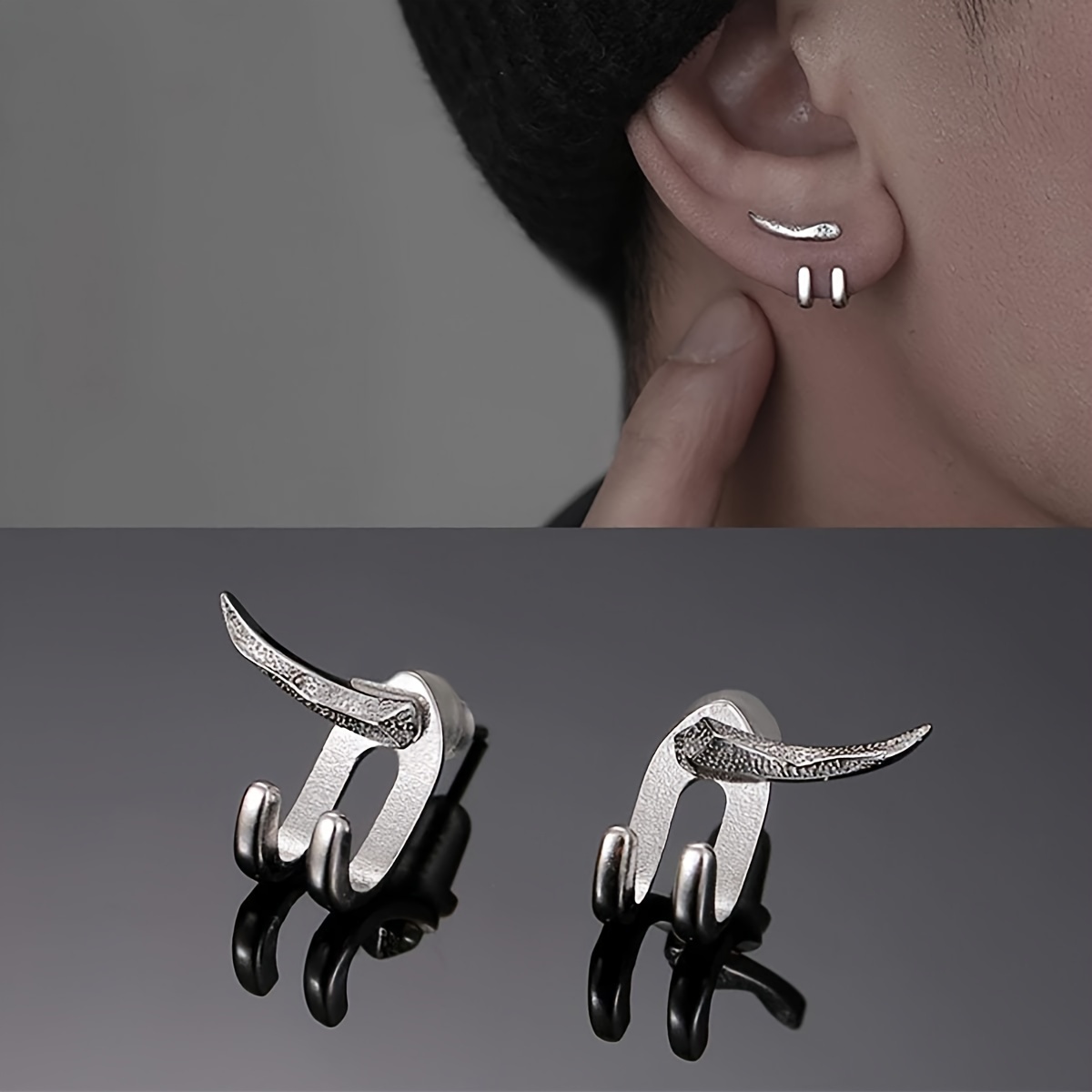 

Pair Punk Style Silvery Alloy Hook Earrings, Removable , Fashionable Unisex Jewelry For Men And Women