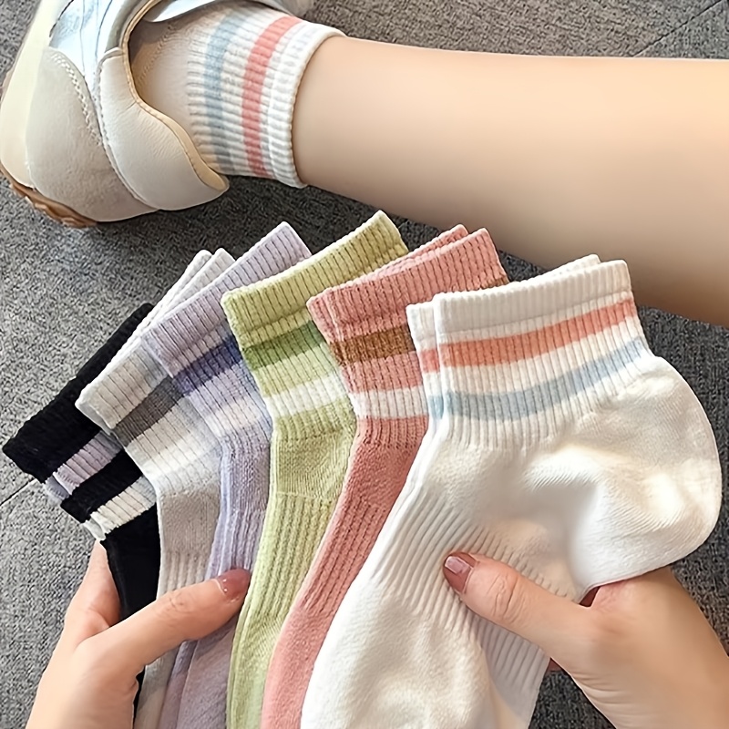 Image of 6 Pairs Women's Colorful Cute Striped Athletic Casual Mid-calf Socks, Soft And Breathable Socks, Suitable For Summer And Autumn Daily Wear