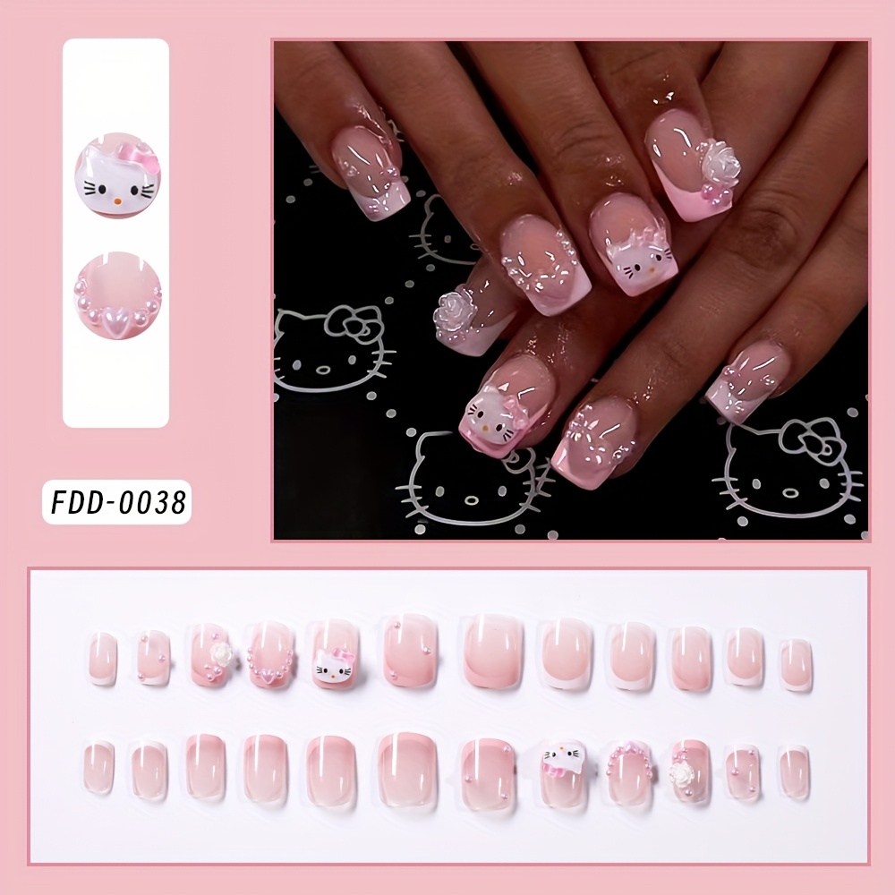 Image of 24pcs Hello Kitty Press-on Nails - Short Square False Nails With Pink Tips, Cute Kawaii Nail Art For Women &, Reusable Manicure For Daily Wear & Hello Kitty Parties ( Application)