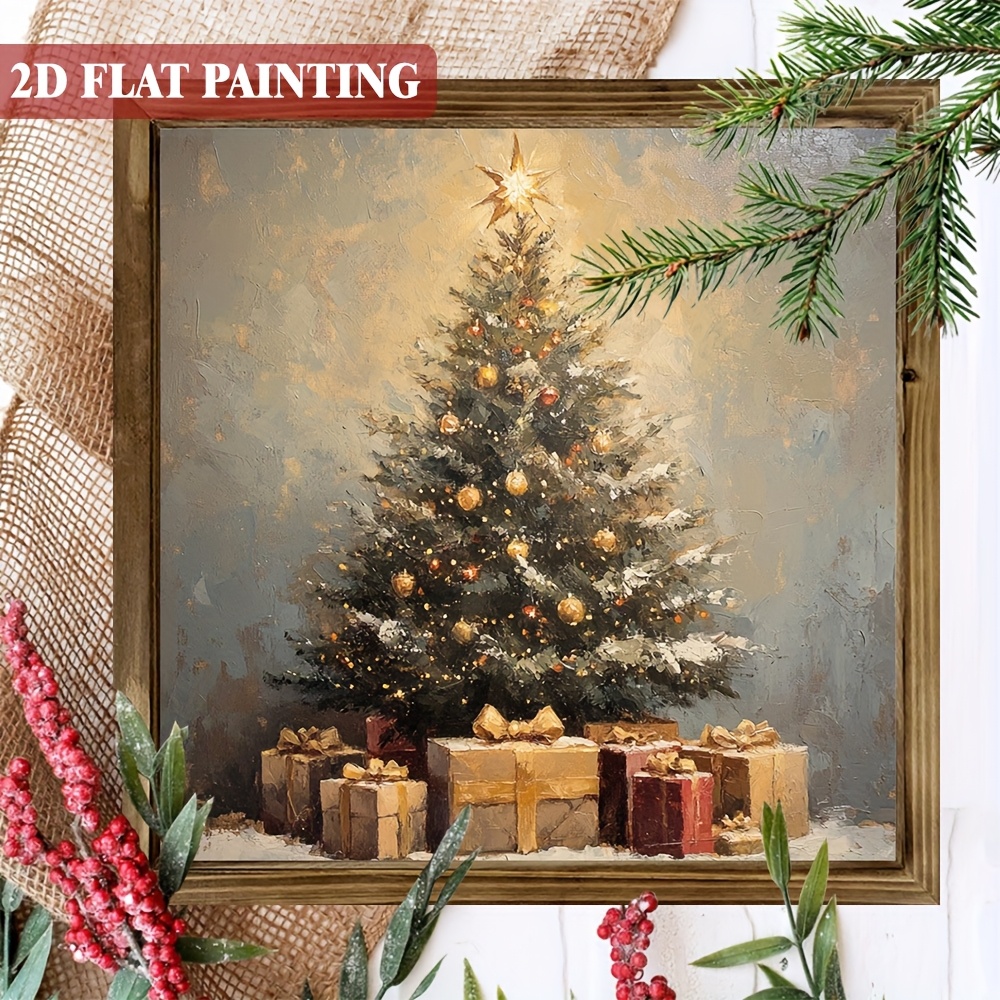 TEMU 2d Flat, 1pc, Rustic Christmas Decorative Sign - Christmas Tree And Presents Painting Wooden Sign, 8x8 Inch - With Framed Winter Sign For Home,