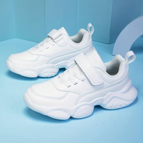 white chunky sneakers adjustable hook and loop fastener strap non slip eva sole comfortable lining versatile for school and sports wear school sneakers trendy chunky sneakers durable eva sole