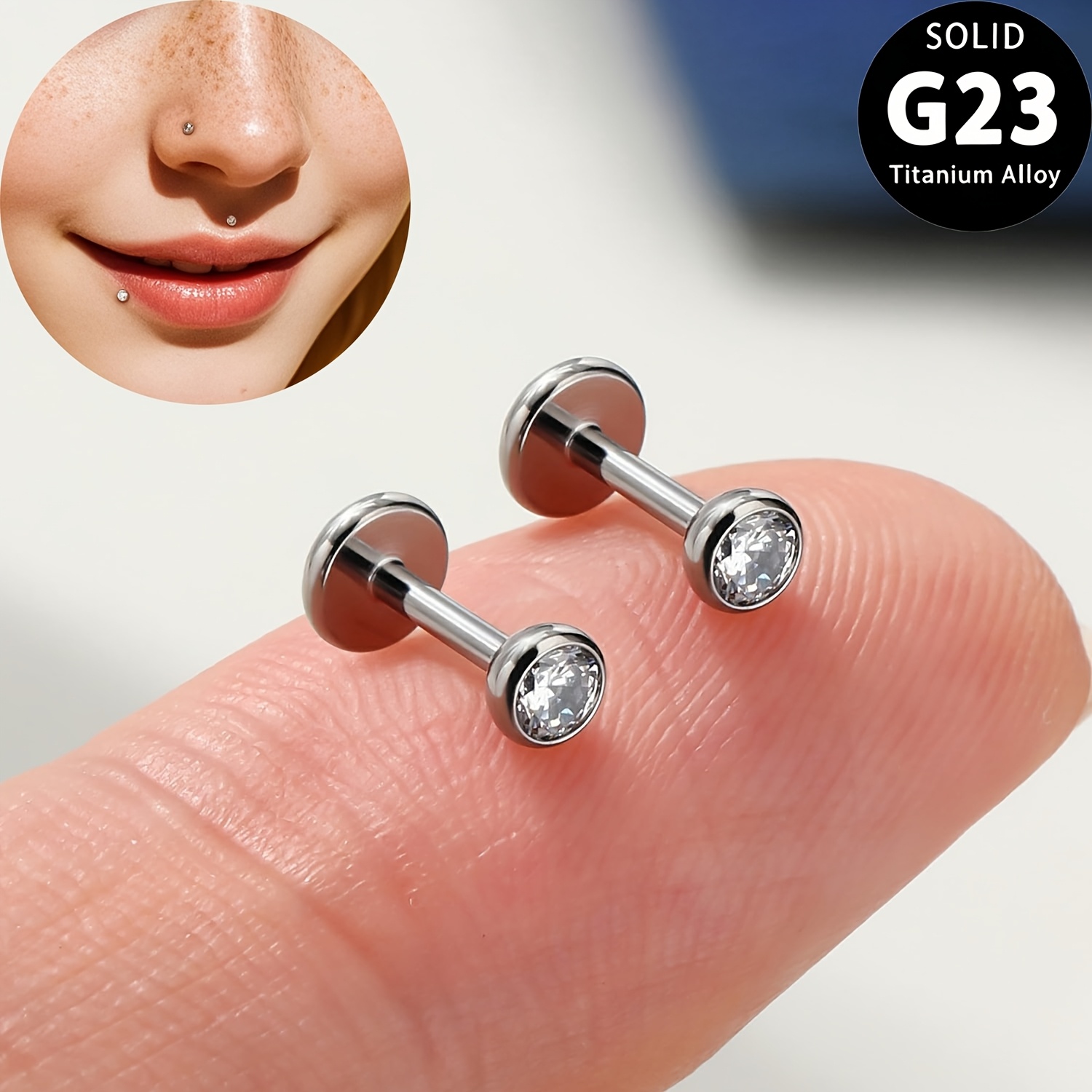 TEMU 2pcs Minimalist Cz Cup-shaped Lip Studs - Grade Pure G23 Titanium, Ultra--friendly 16g Tragus Bar, Cartilage Conch Flat Back Ear Lobe Piercing