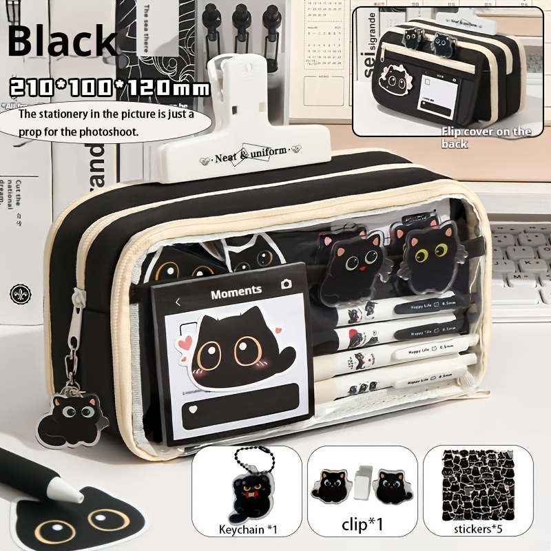 Image of 4pcs Black Cat Themed Large-capacity Pencil Case Set, Including 1 Black Cat Keychain, 1 Black Cat Clip, 5 Stickers. The Included Gifts Add Decorative And Fun To Case. A Student Stationery Organizer