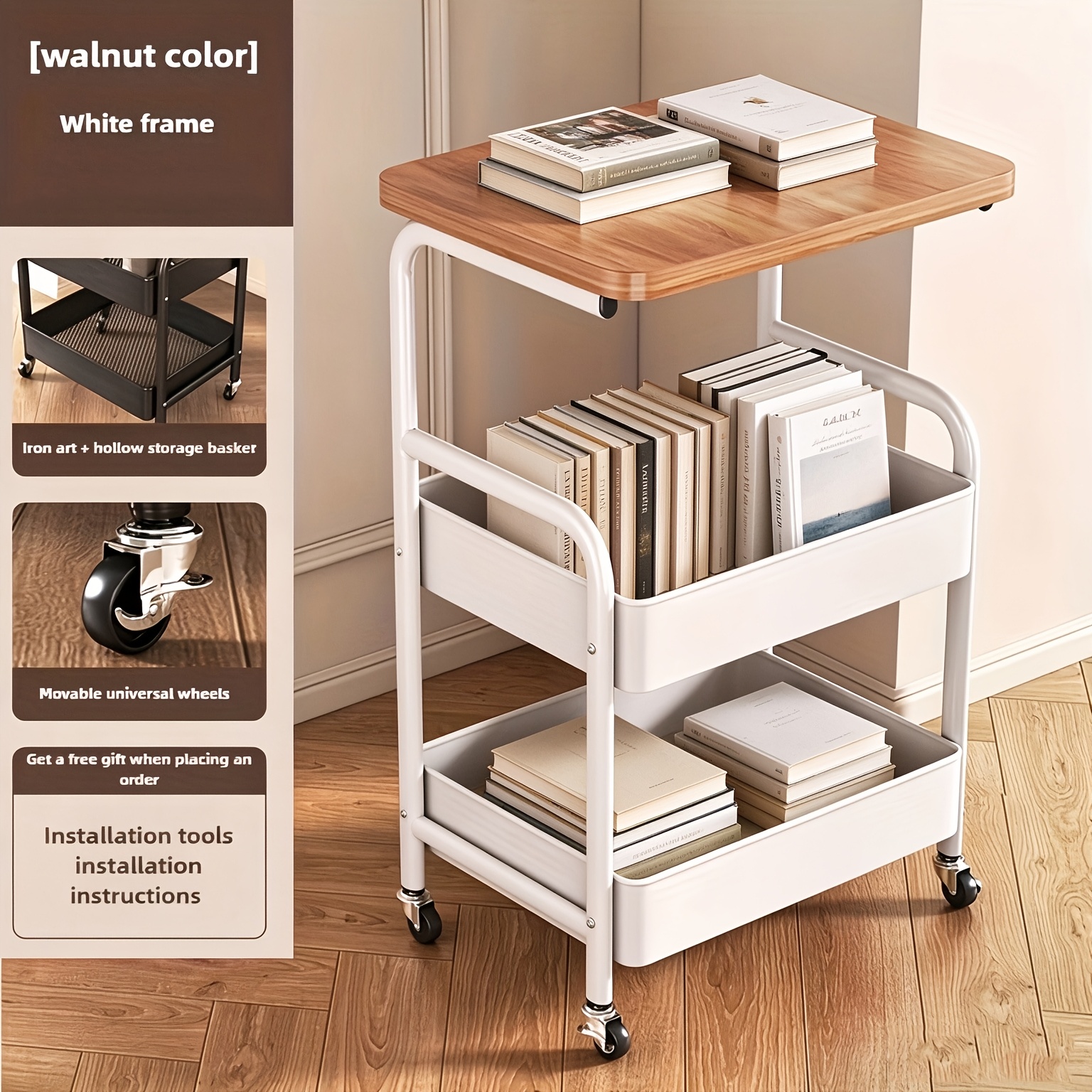 TEMU 1 chariot à roulettes à trois niveaux avec bureau, outils en métal et étagère de rangement pour collations, cadre durable en acier au carbone,
