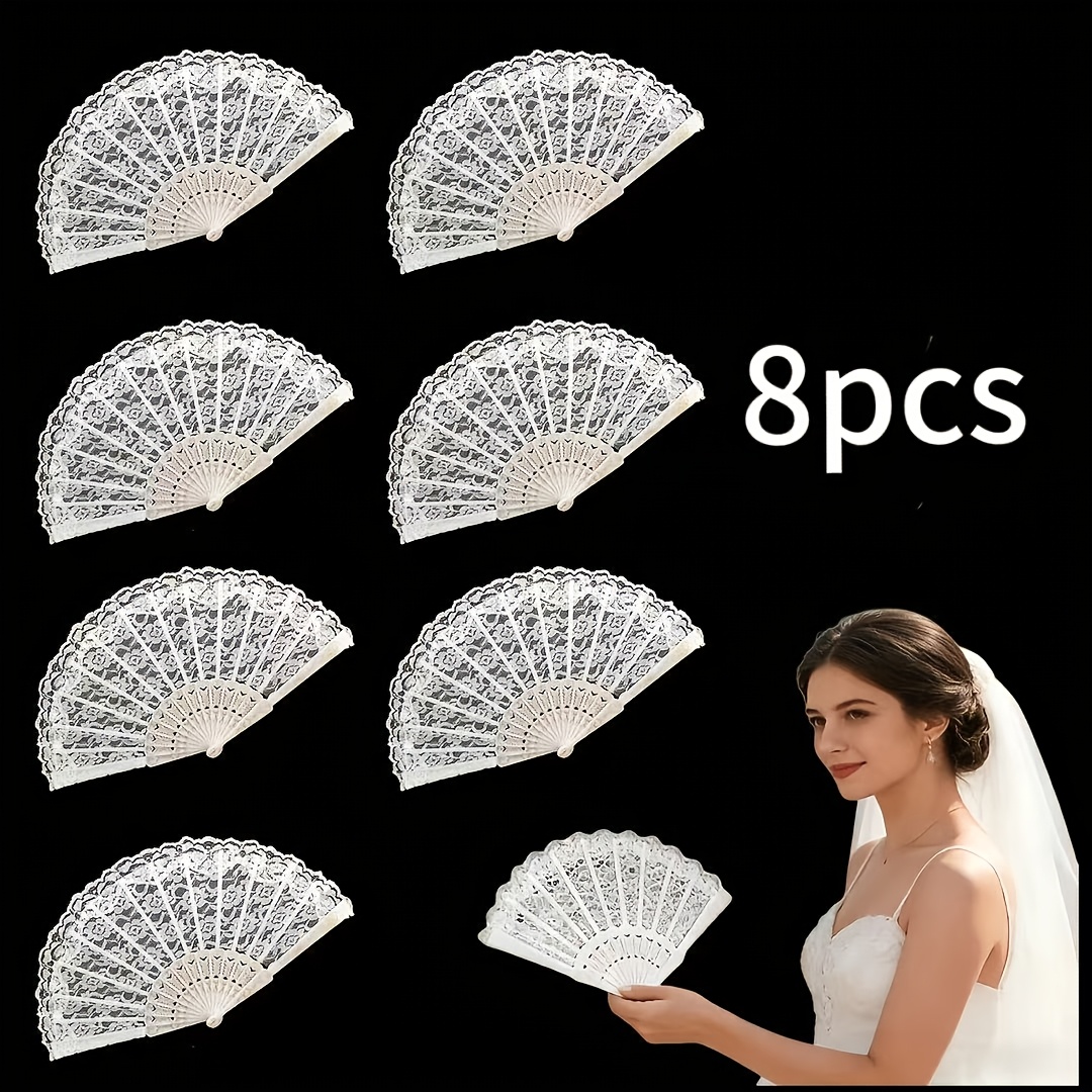 TEMU 8pcs Elegant White Lace Flower Folding Fans Suitable For Wedding, Graduation, Engagement Party Decorations - Hanging Decoration With, Perfect