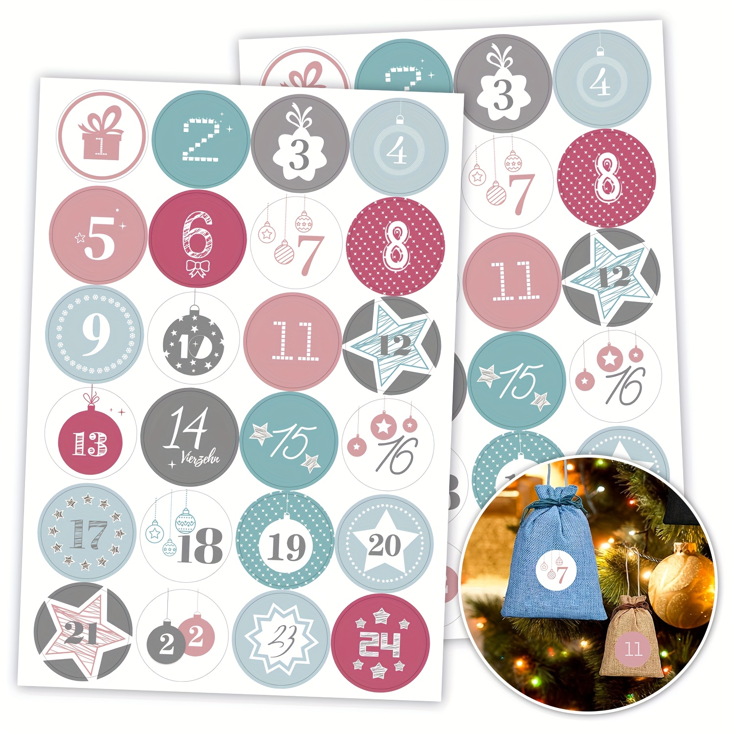 Image of 48pcs Christmas Countdown Calendar Stickers Christmas Theme Digital Stickers 1-24 | Christmas Tree, Stars, Gifts And Other | With Christmas Gift Bags, Gift Box Seals, Festival Decoration
