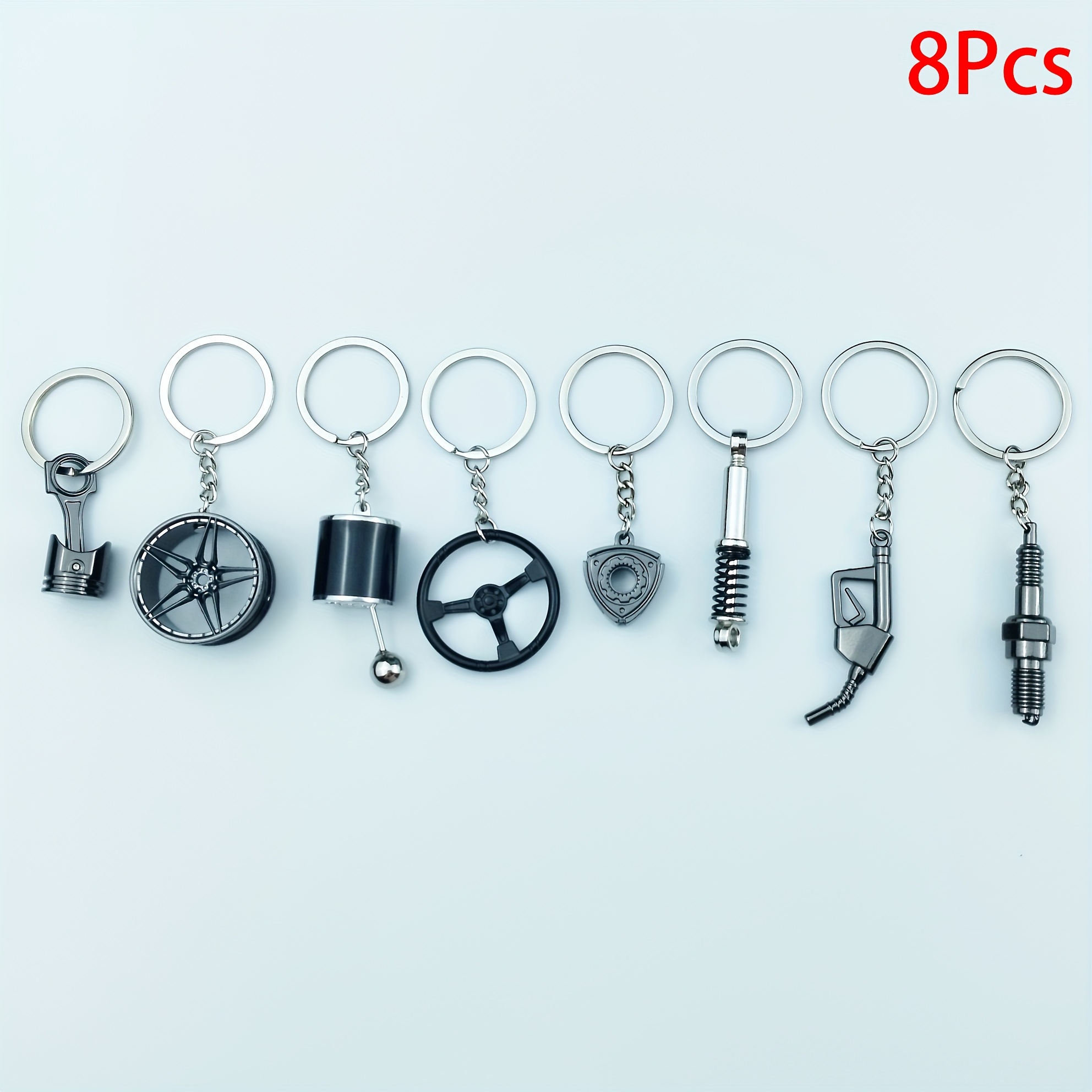 TEMU 8pcs Creative Car Modification Keychains, Piston, Wheel , Gear Shift, Steering Wheel, Flywheel, Fuel Pump, Spark Plug Keychain Set, Feature