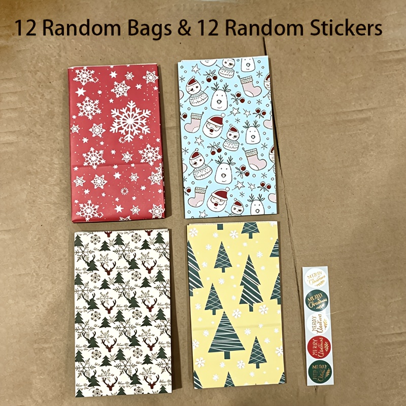 TEMU 12pcs Multicolor Christmas Paper Bags And 12pcs Random Green White Red Sealing Stickers| Christmas Party Supplies| Snowflake Reindeer Christmas
