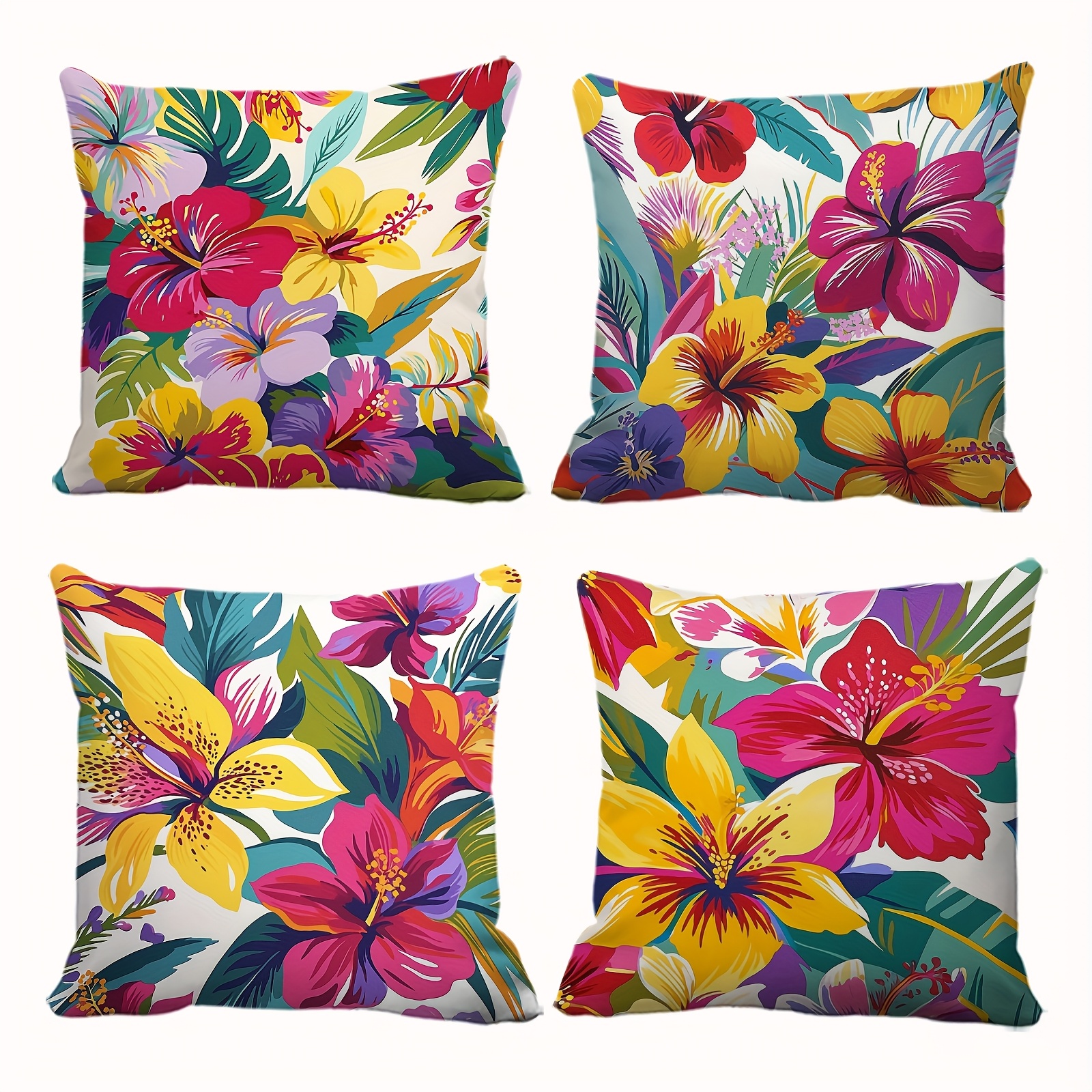 TEMU 4pcs & Leaf Print Cushion Covers Suitable For Sofa Bed Decor - Soft Zippered Pillowcases, Tropical Flower Patterns, Fits For Outdoor Use,
